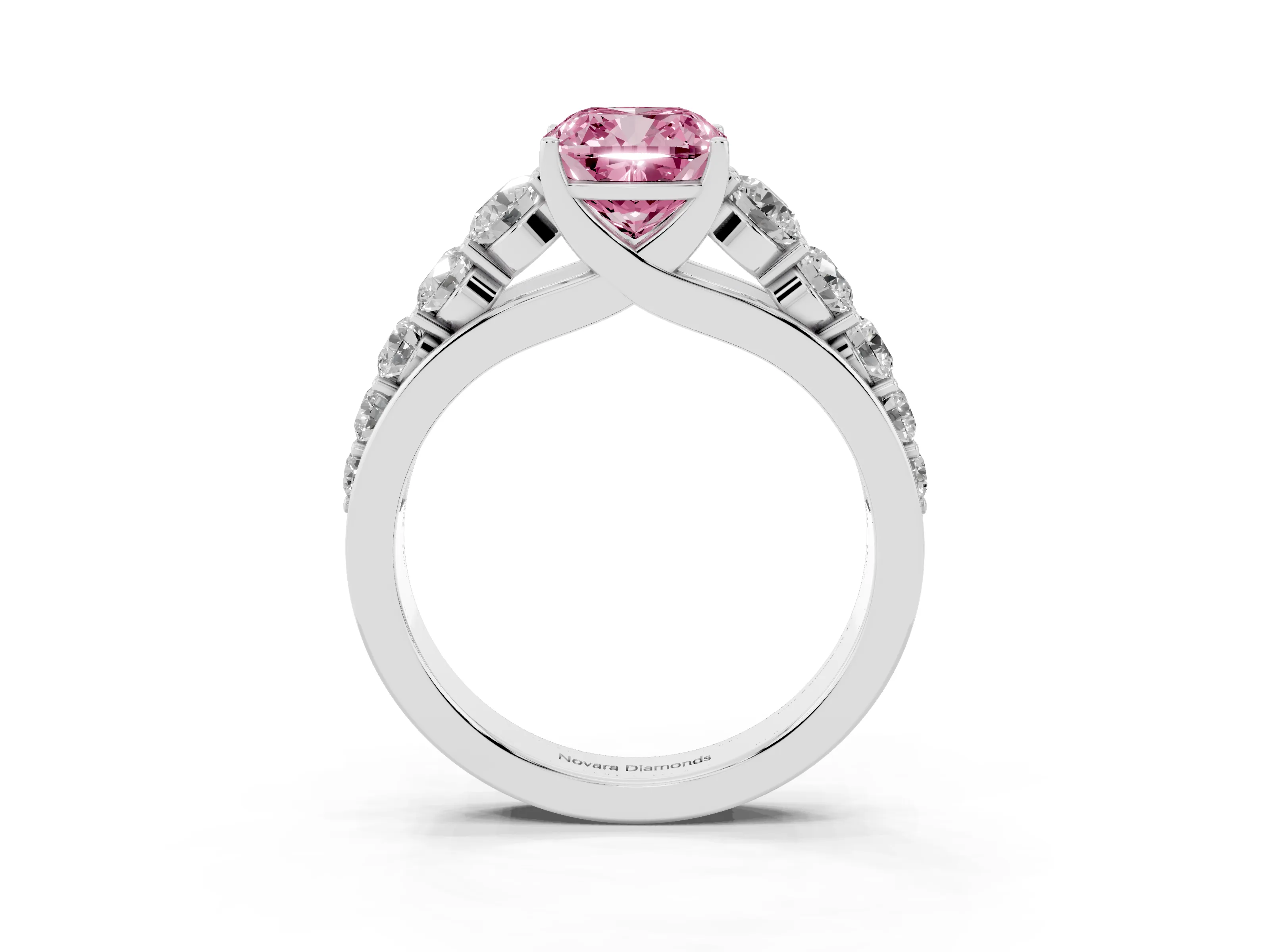 Fancy Pink Cushion Cut Diamond Solitaire Ring Set in Silver with Pavé-Set Band and Prong Setting