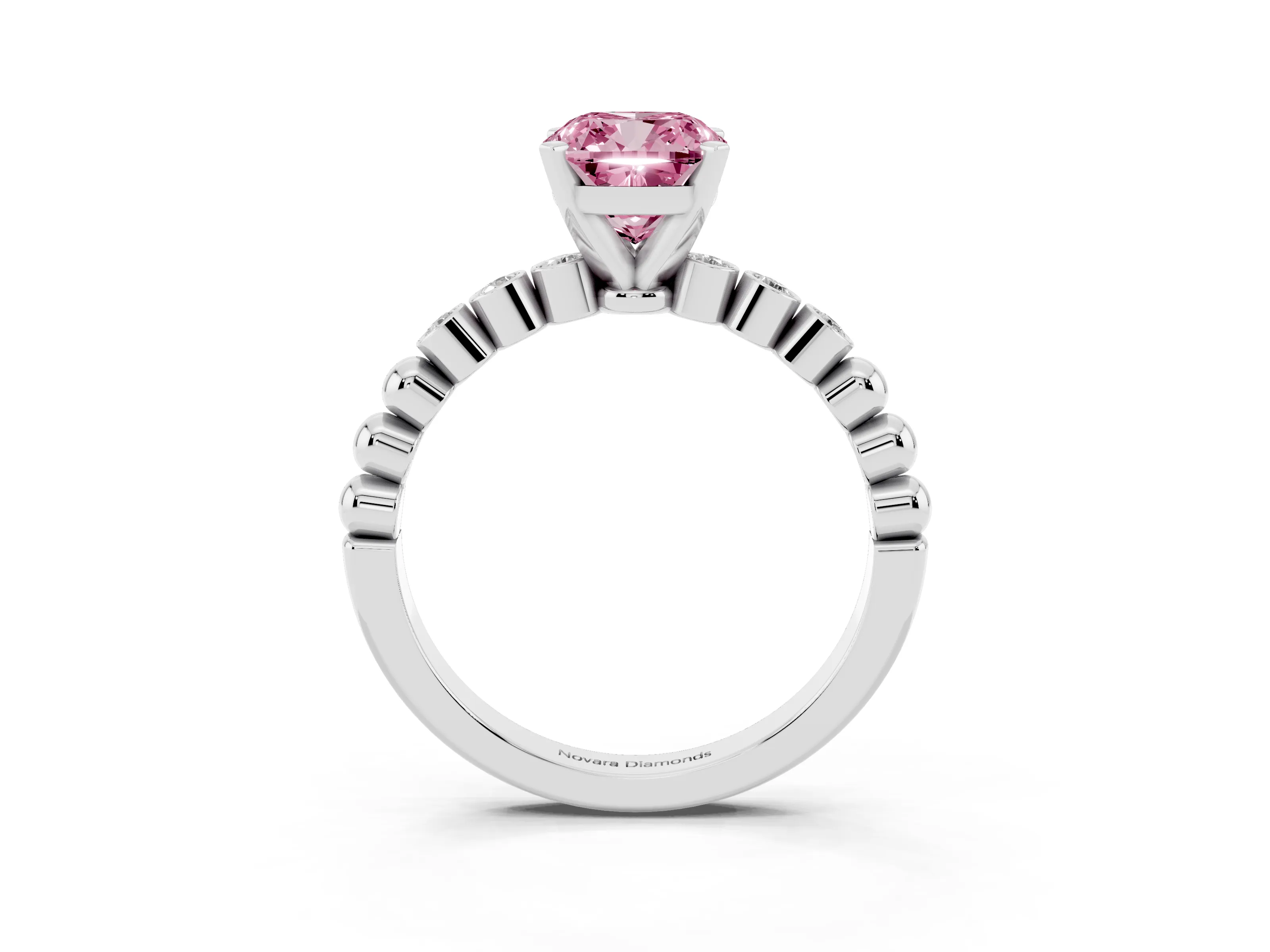 Fancy Pink Cushion Cut Diamond Solitaire Engagement Ring Set in White gold with Bezel Accents on Beaded Band
