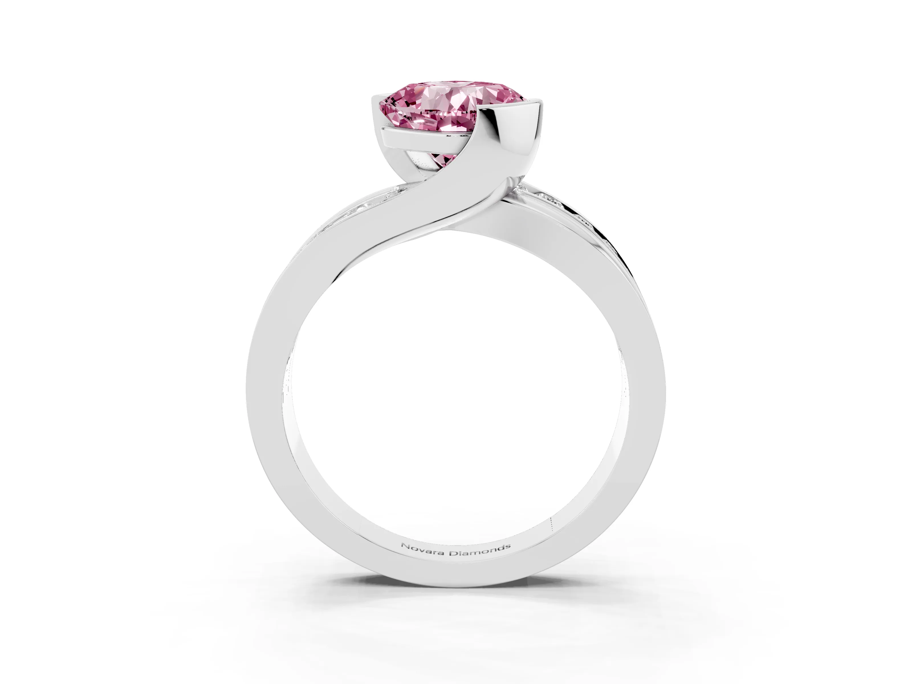 Fancy Pink Cushion Cut Diamond Solitaire Ring Set in White gold with Channel Set Split Shank and Tension Prongs