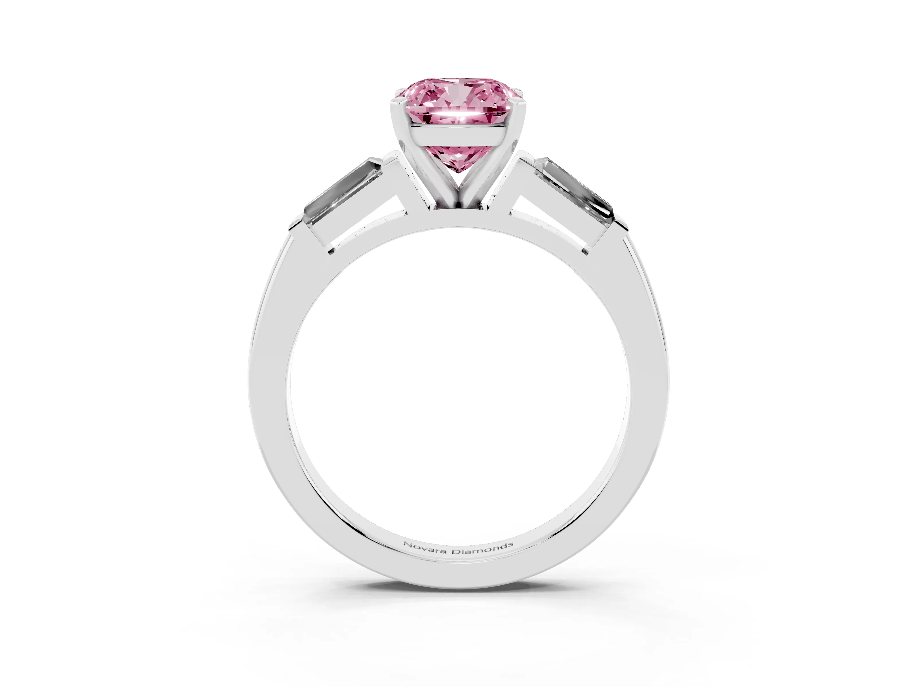 Fancy Pink Cushion Cut Diamond Solitaire Ring Set in Platinum with Tapered Baguette Side Stones and Prong Setting