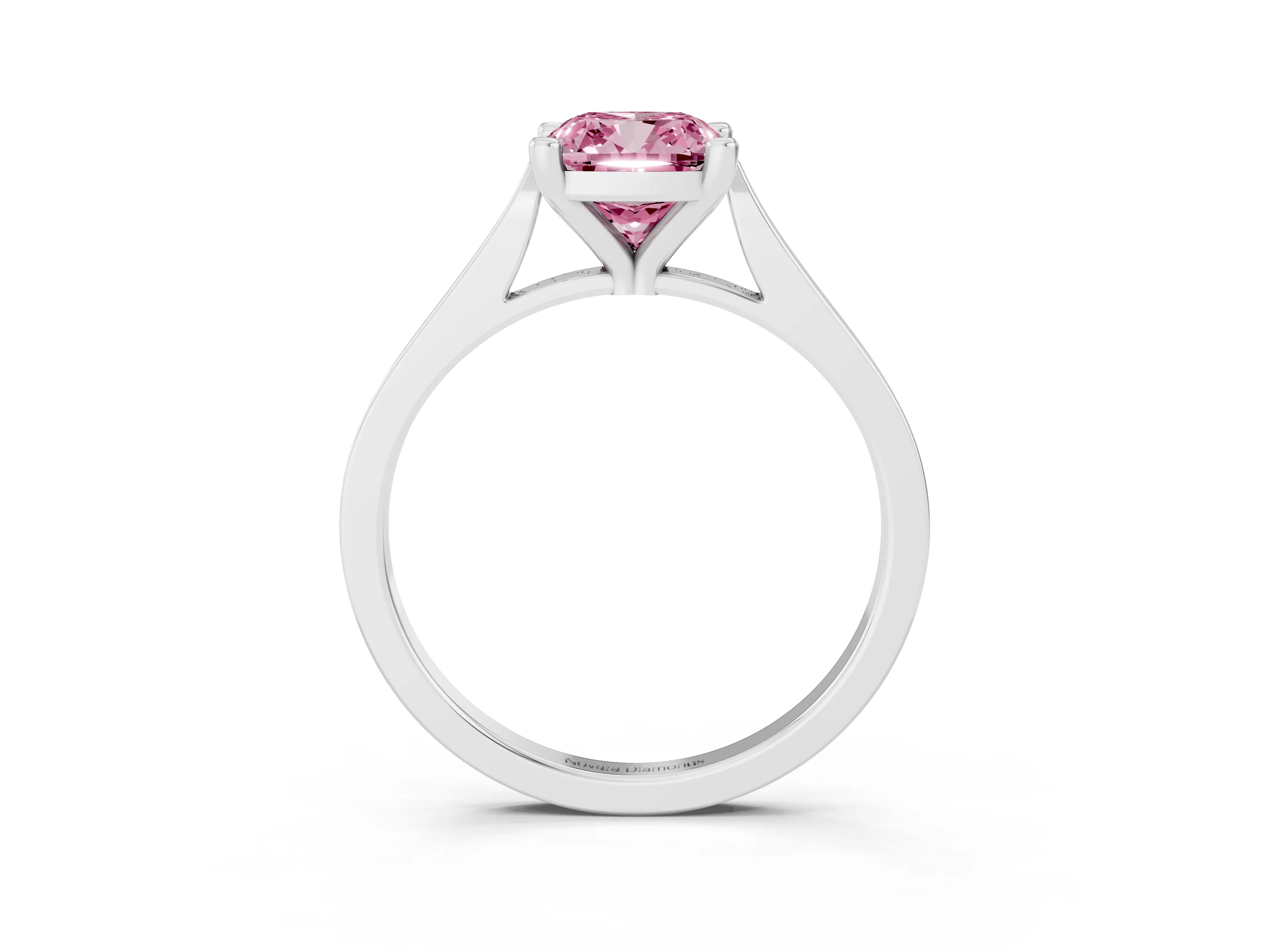 Fancy Pink Cushion Cut Diamond Solitaire Ring Set in Platinum with Prong Setting and Tapered Band