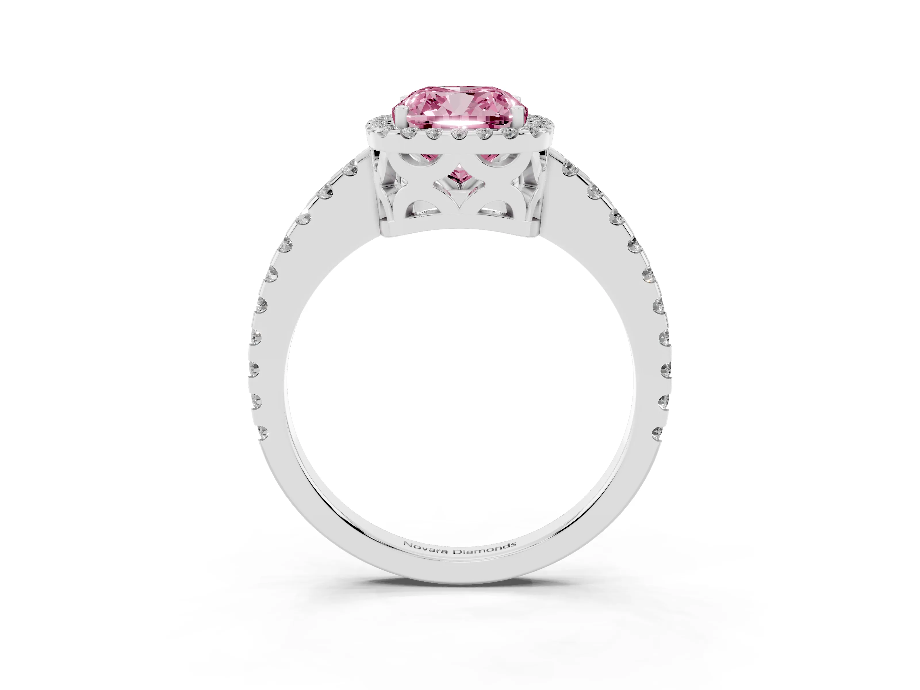 Fancy Pink Cushion Cut Diamond Halo Ring Set in White gold with Pavé Shoulders and Halo-Framed Center