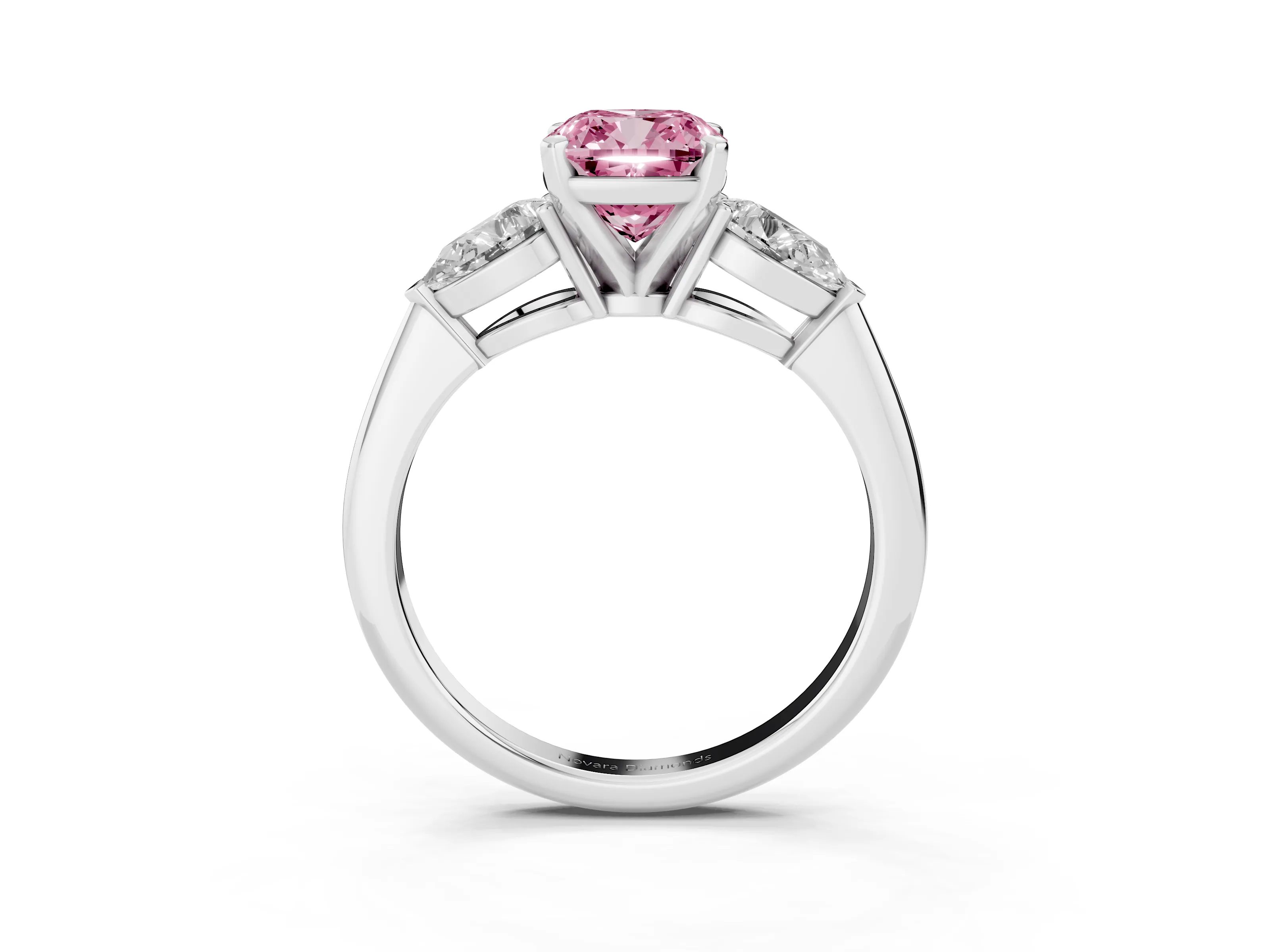 Fancy Pink Three-Stone Cushion Cut Diamond Ring Set in Platinum with Pear Side Stones and Prong Setting