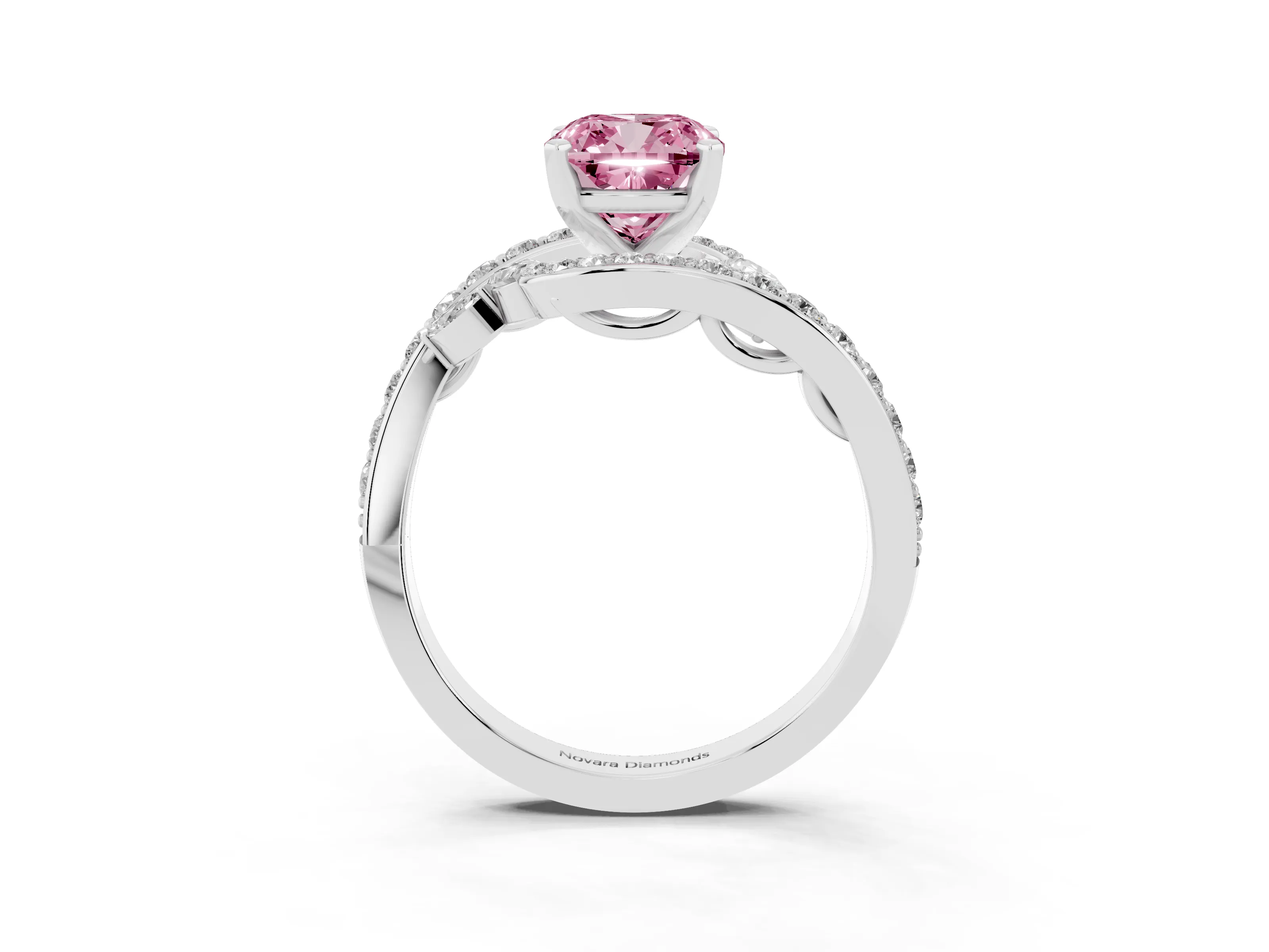 Fancy Pink Cushion Cut Diamond Solitaire Ring Set in Silver with Pavé Twist Band and Secure Prong Setting