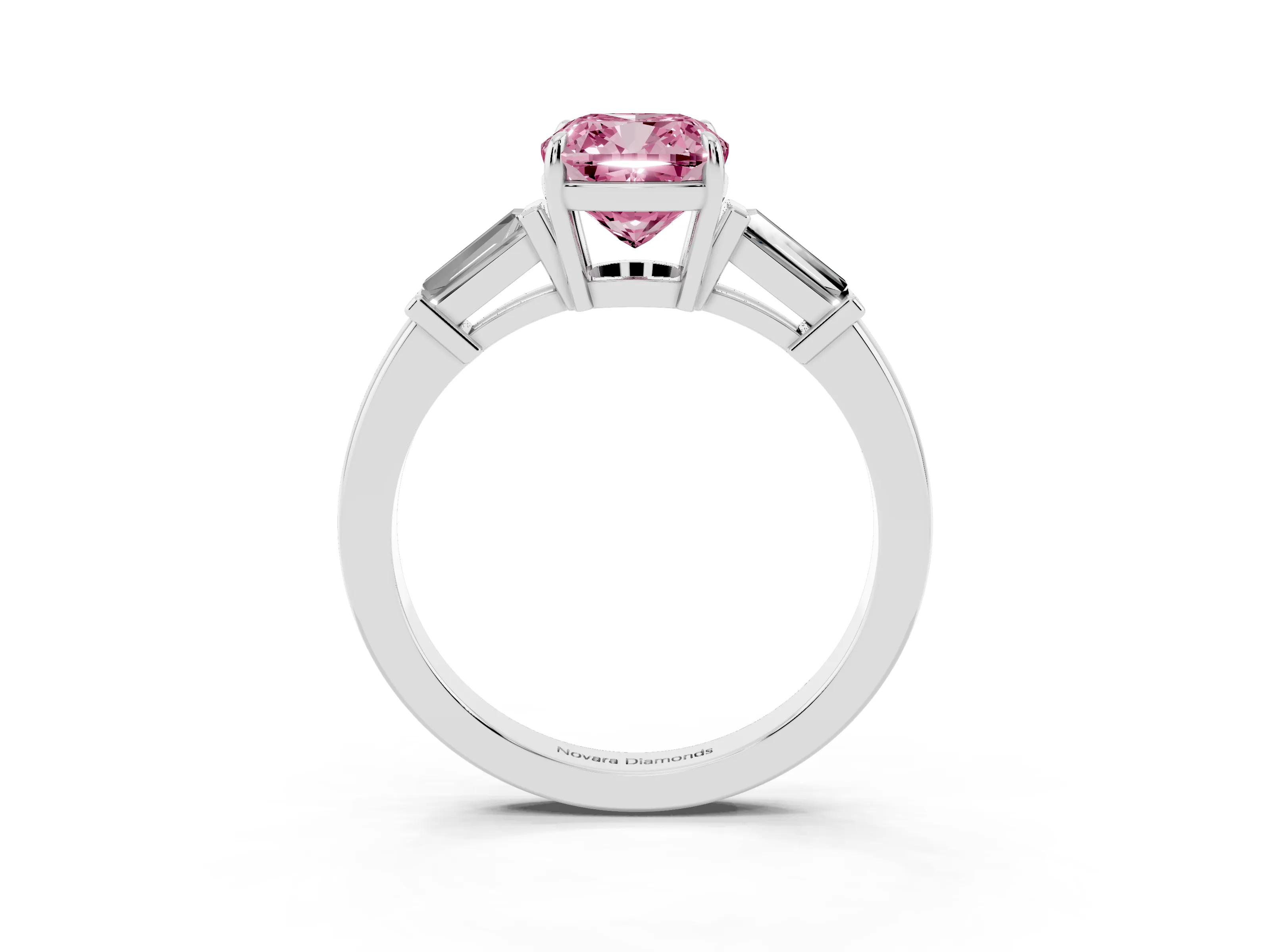 Fancy Pink Cushion Cut Diamond Three-Stone Ring Set in Platinum with Tapered Baguette Side Stones and Prong Setting