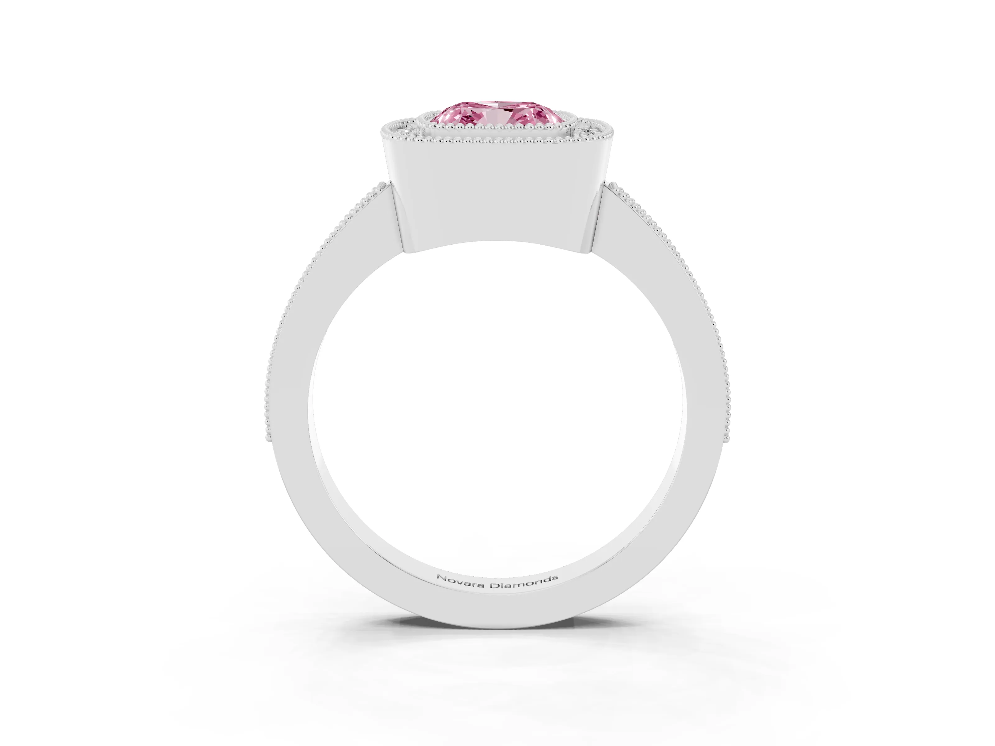 Fancy Pink Cushion Cut Diamond Halo Engagement Ring Set in White gold with Pavé Band and Round Halo Stones