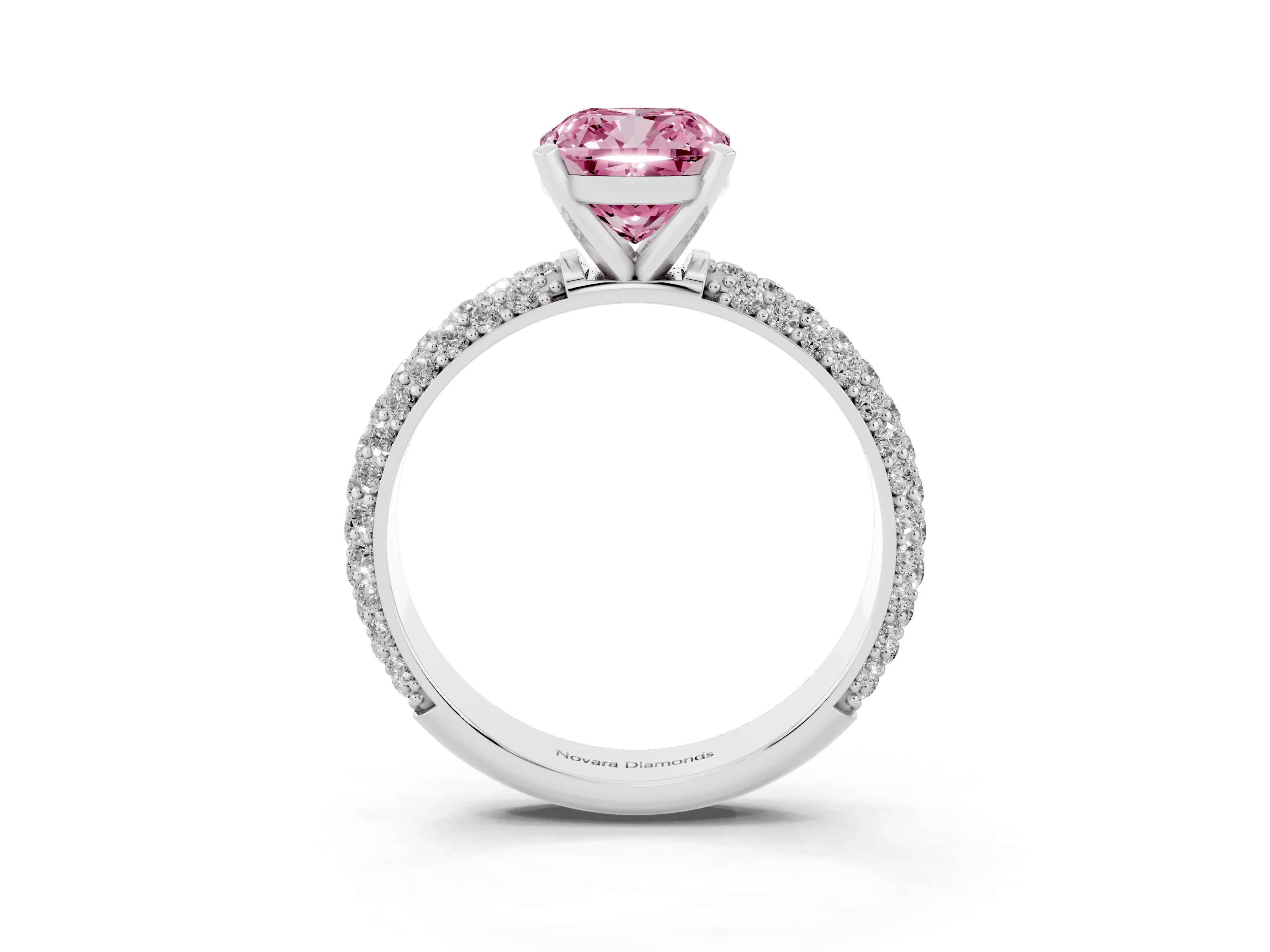 Fancy Pink Cushion Cut Diamond Solitaire Ring Set in Platinum with Prong Setting and Pavé-Set Band
