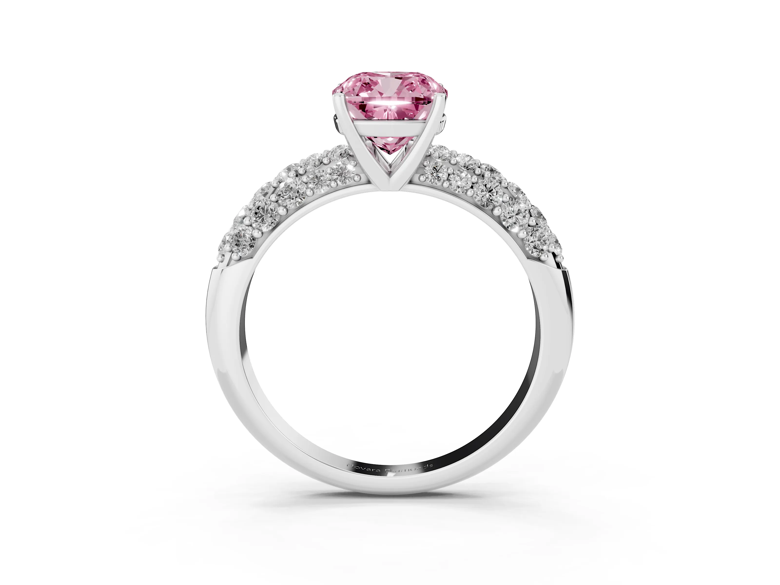 Fancy Pink Cushion Cut Diamond Pavé Band Solitaire Ring Set in White gold with Close-Set Accent Stones and Prong Setting
