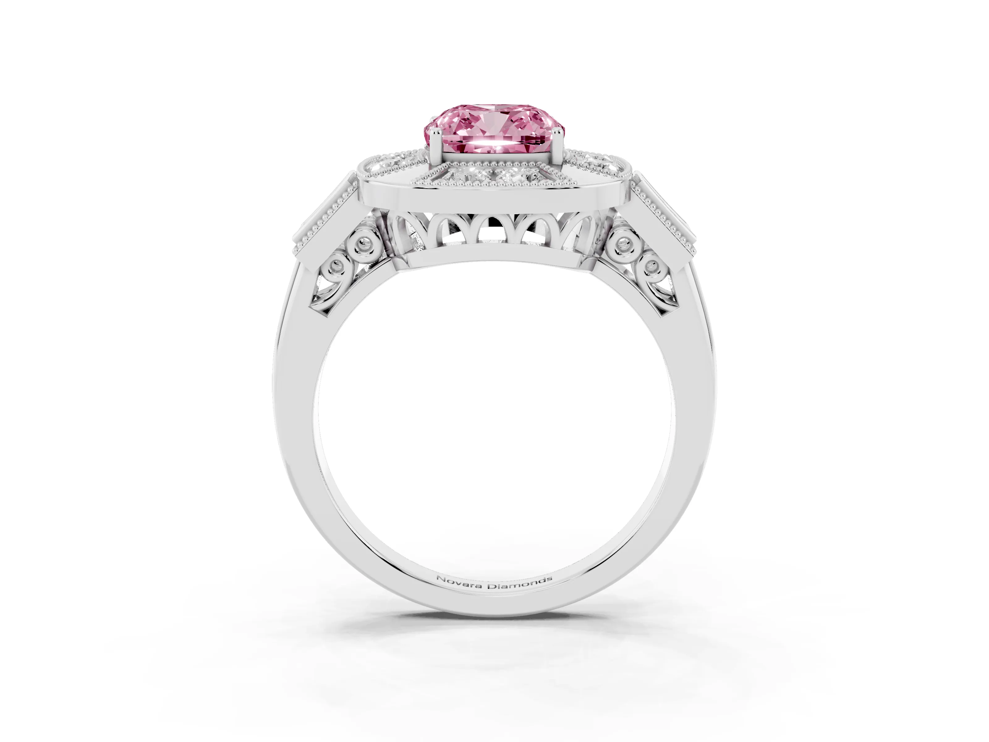 Fancy Pink Cushion Cut Diamond Milgrain Halo Ring Set in White gold with Split Shank