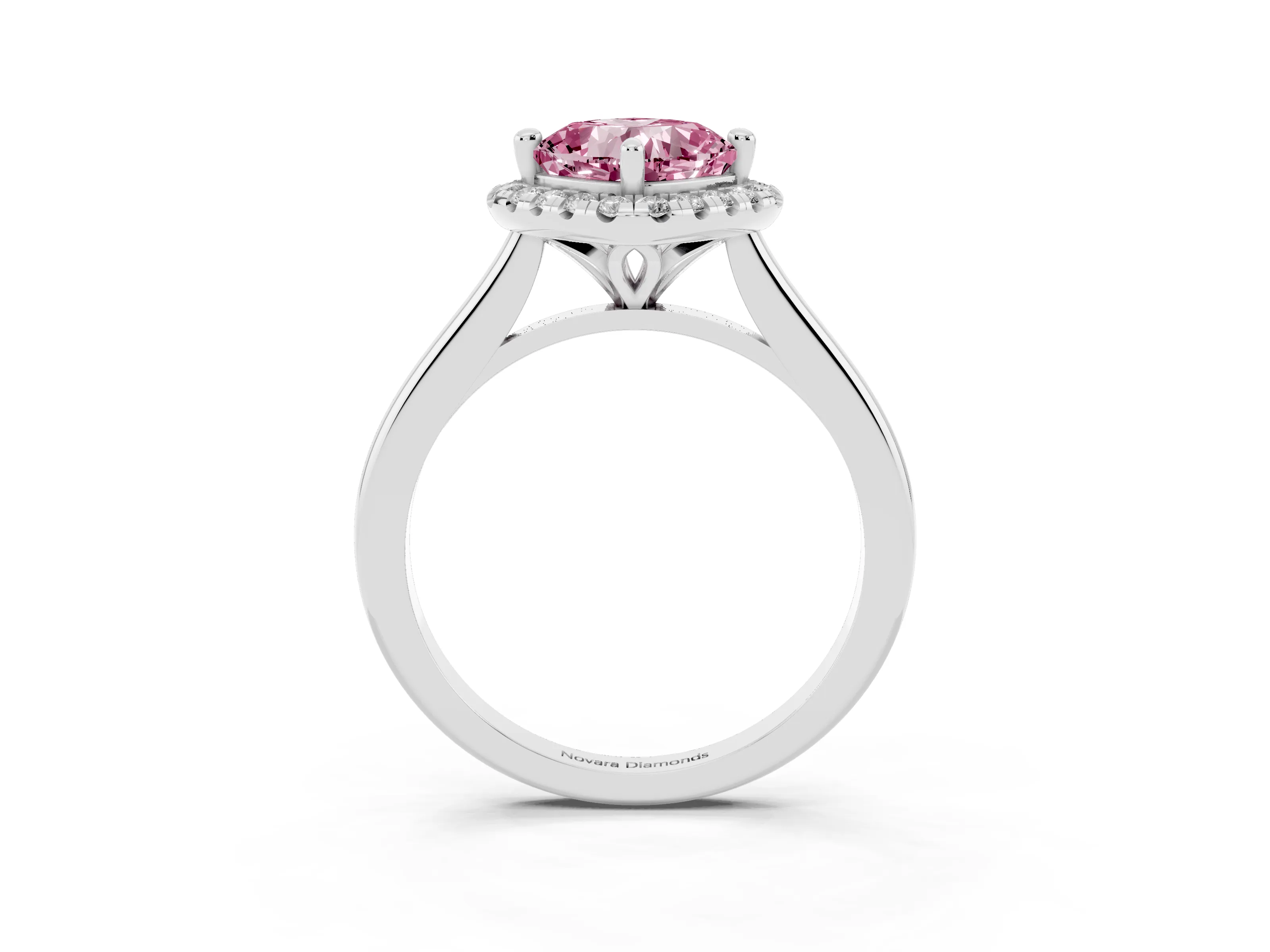 Fancy Pink Cushion Cut Diamond Halo Engagement Ring Set in Platinum with Pavé Band and Rising Shoulders