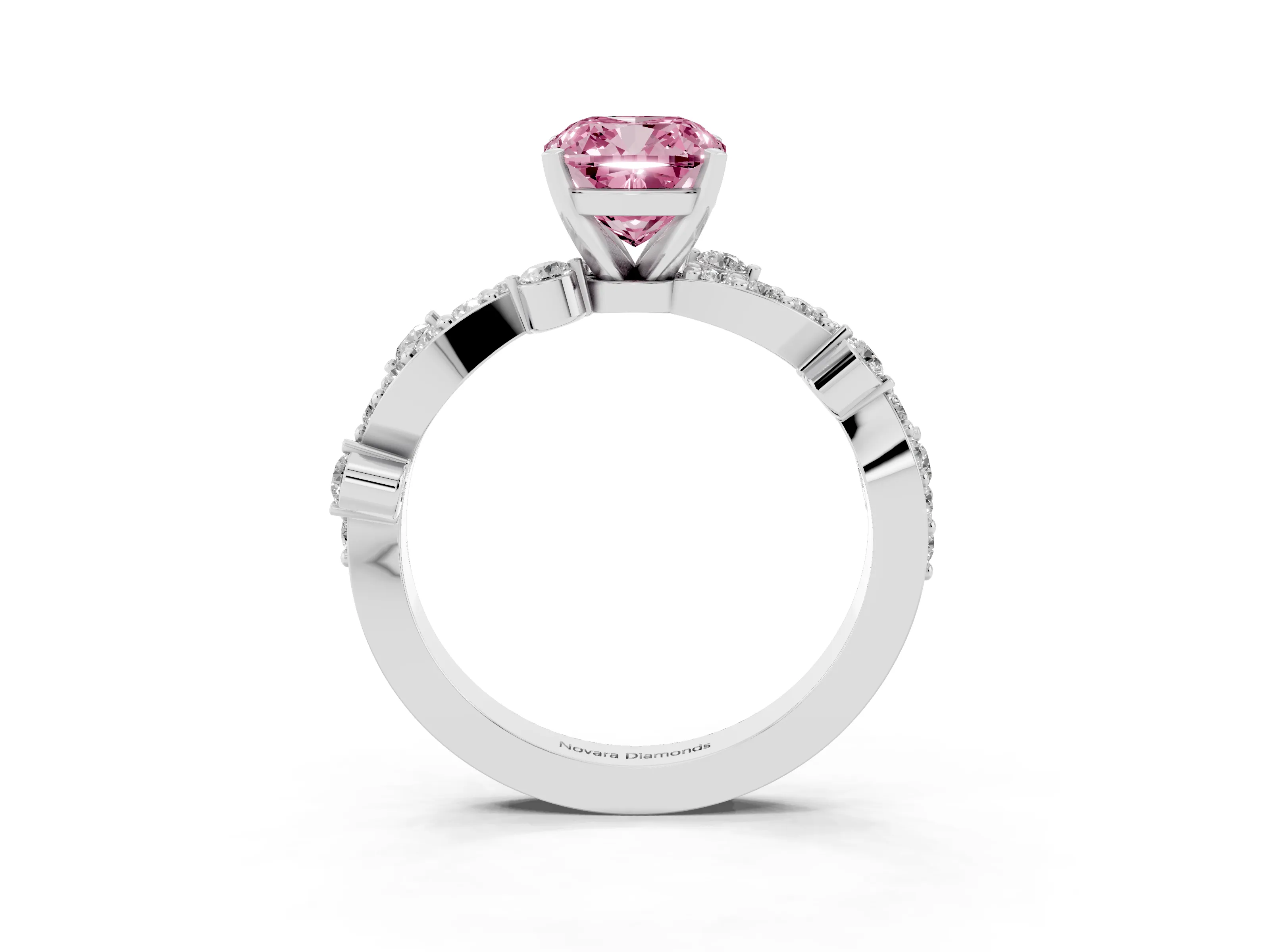 Fancy Pink Cushion Cut Diamond Solitaire Twisted Band Set in White gold with Pavé Setting