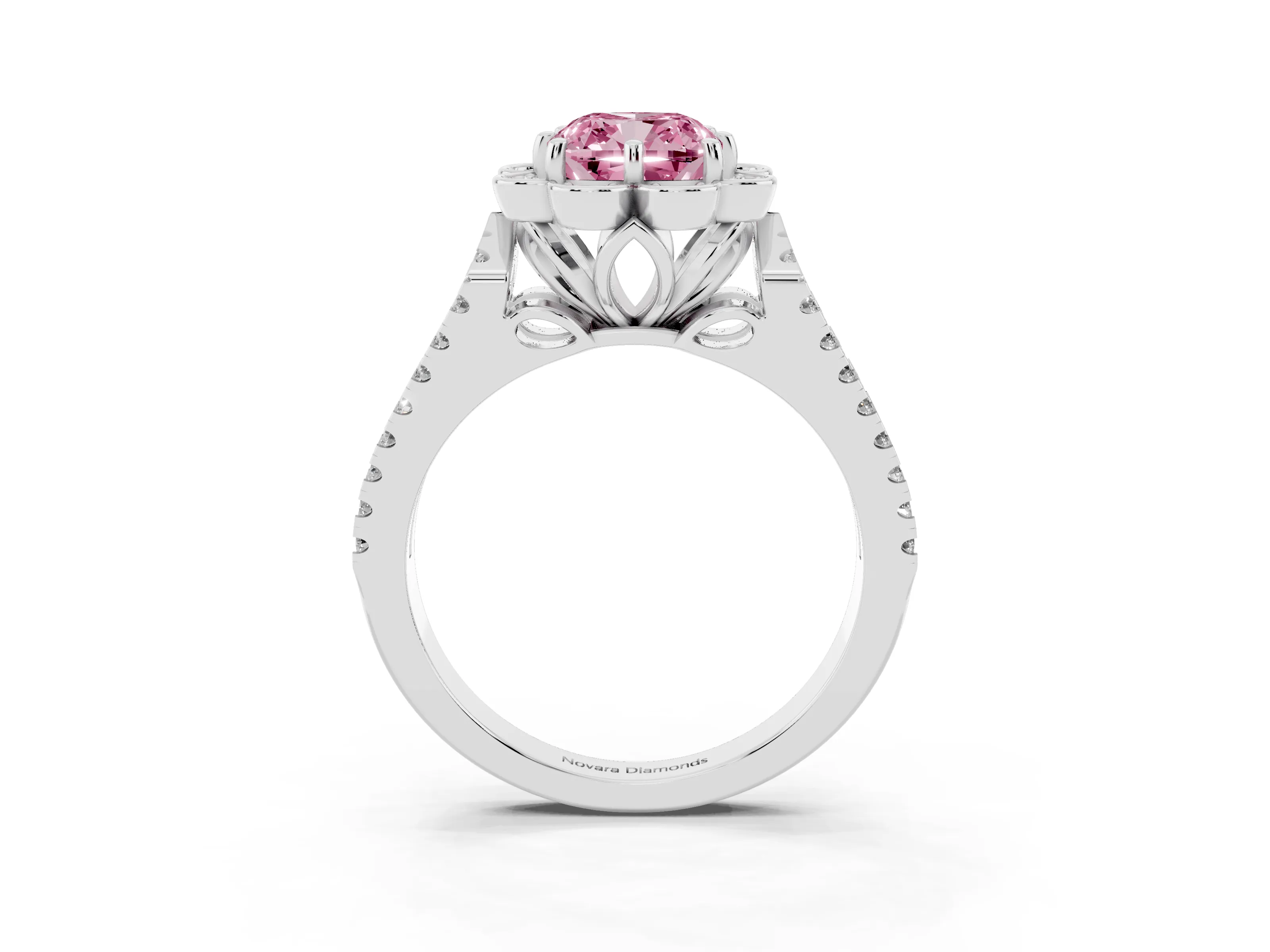 Fancy Pink Cushion Cut Diamond Floral Halo Split Shank Engagement Ring Set in Silver with Pavé Shank