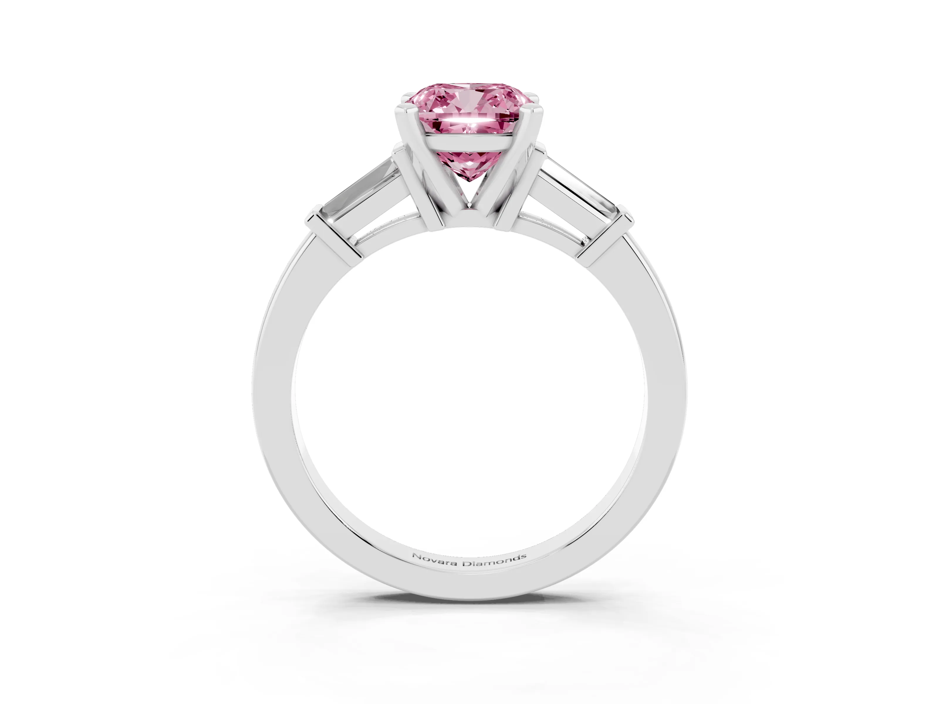 Fancy Pink Cushion Cut Diamond Solitaire Ring Set in Silver with Tapered Baguette Accents and Prong Setting