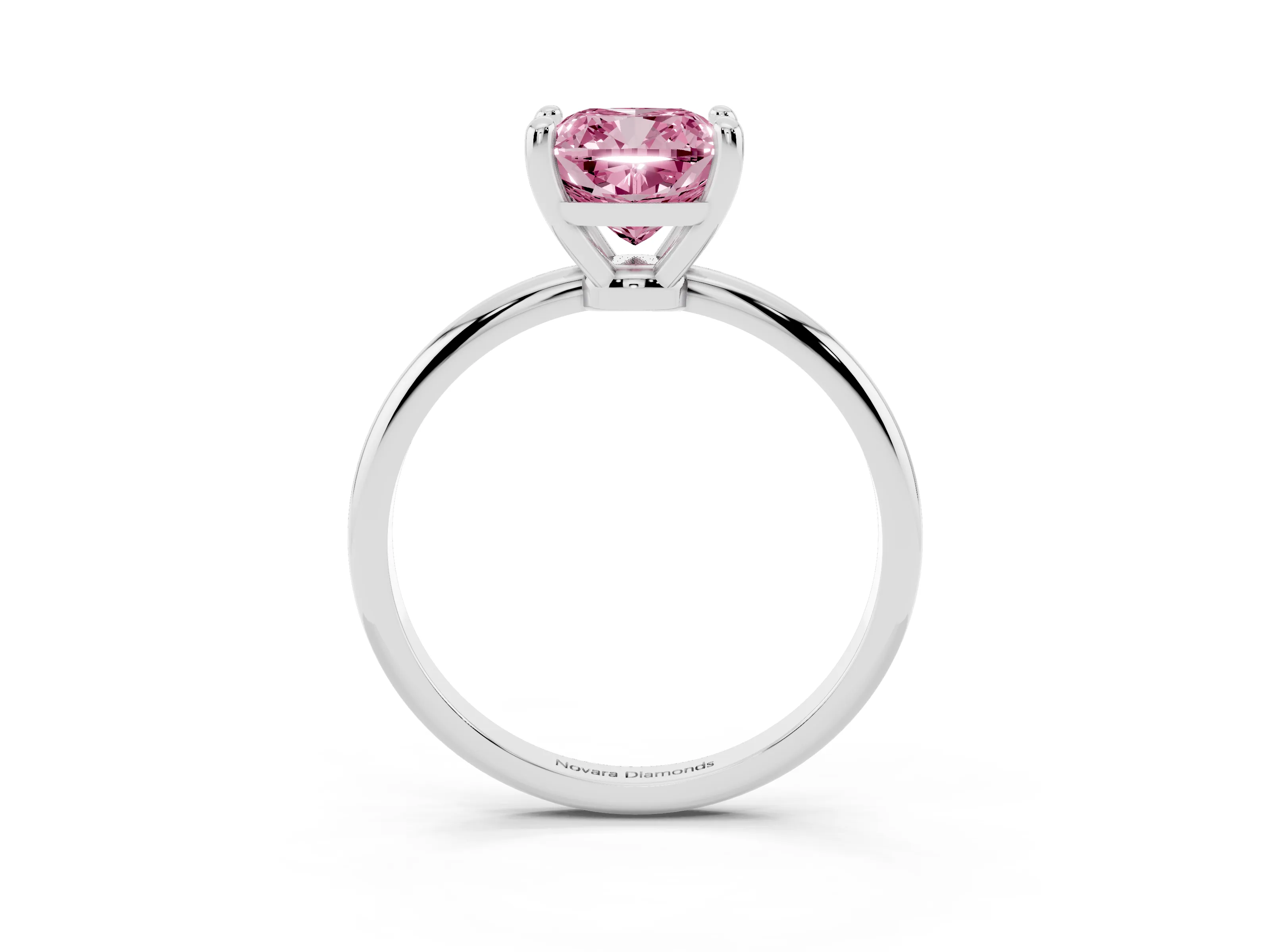 Fancy Pink Cushion Cut Diamond Solitaire Ring Set in Platinum with Secure Prong Setting on a Classic Band