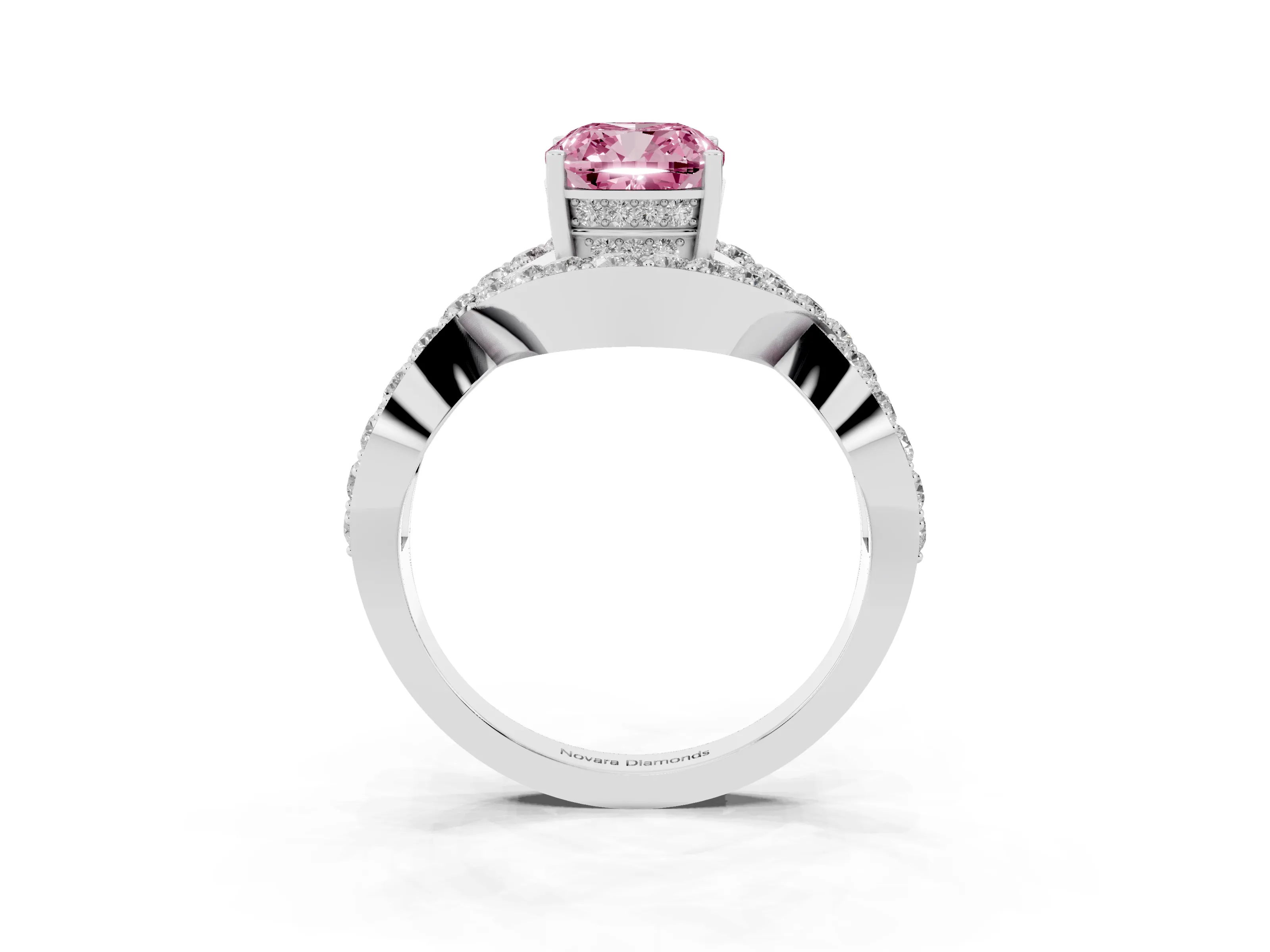Fancy Pink Cushion Cut Diamond Solitaire Twist Band Pavé Engagement Ring Set in Platinum