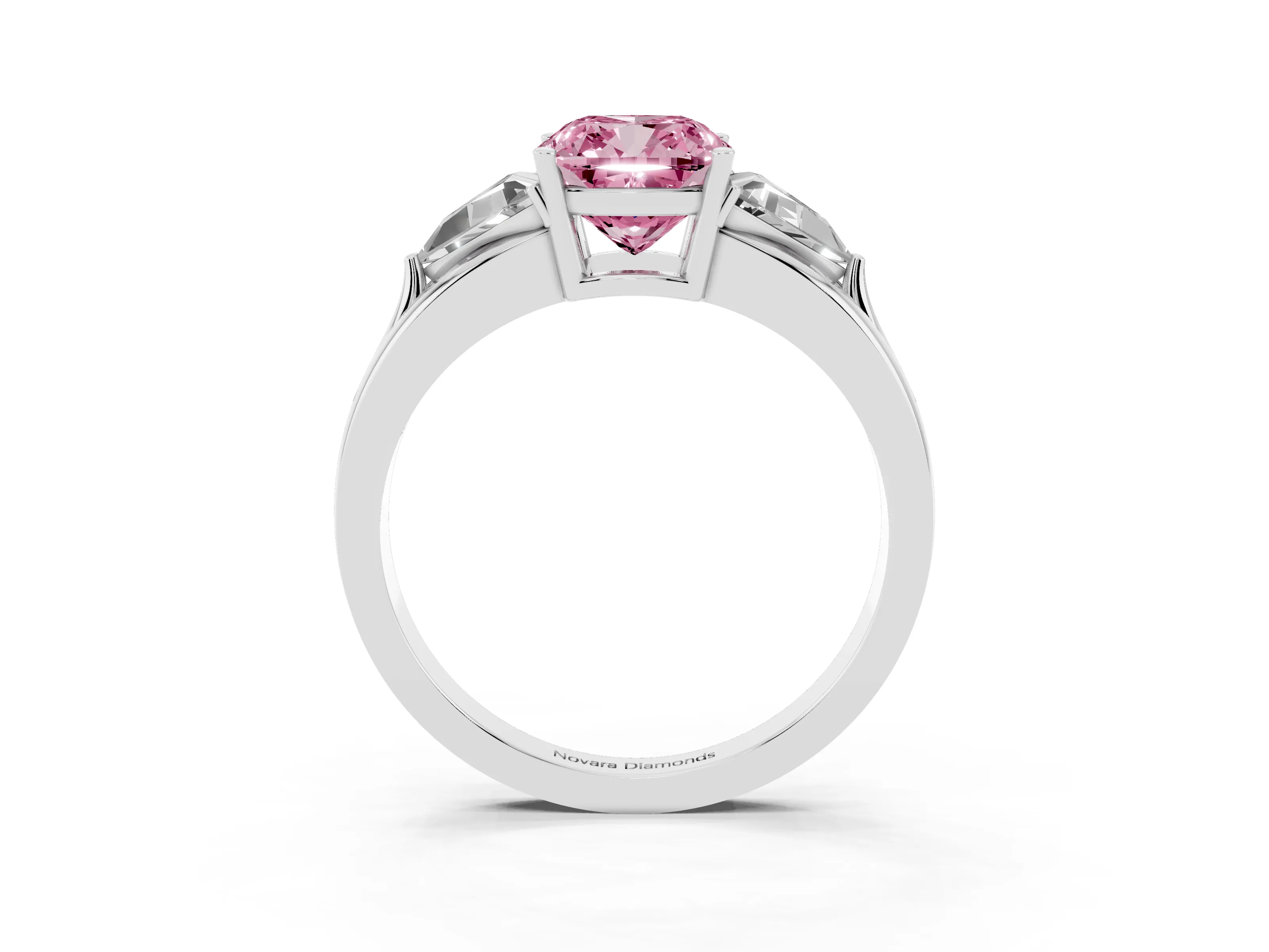 Fancy Pink Cushion Cut Diamond Three-Stone Ring Set in White gold with Trillion Side Stones and Split Shank