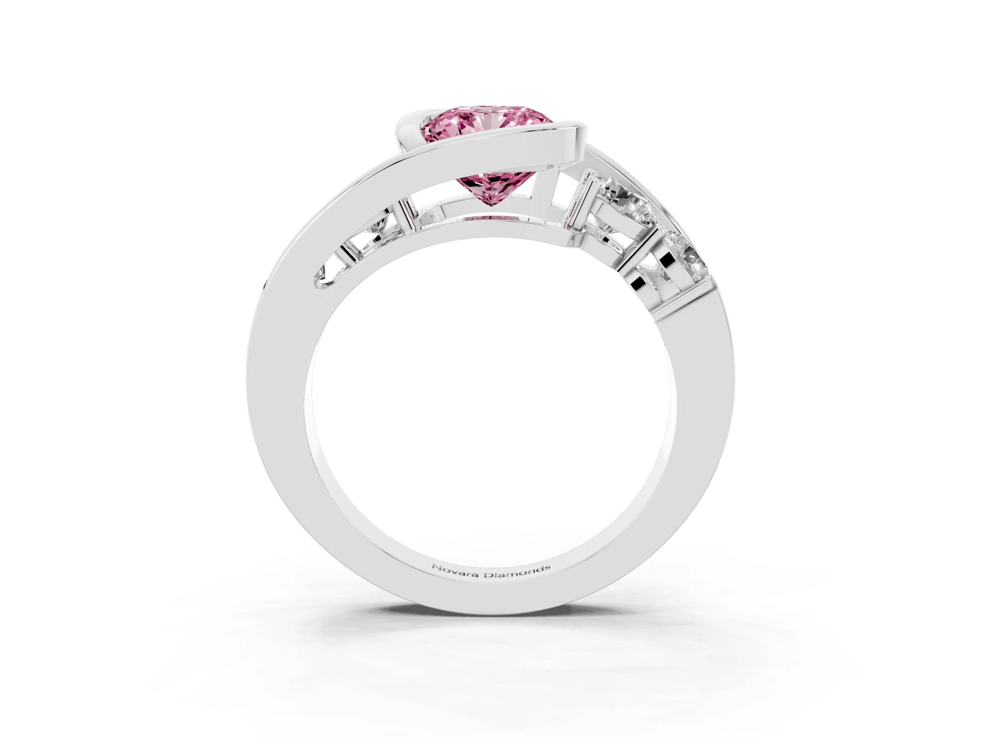 Fancy Pink Cushion Cut Diamond Bezel Bypass Ring Set in Silver with Round Accents