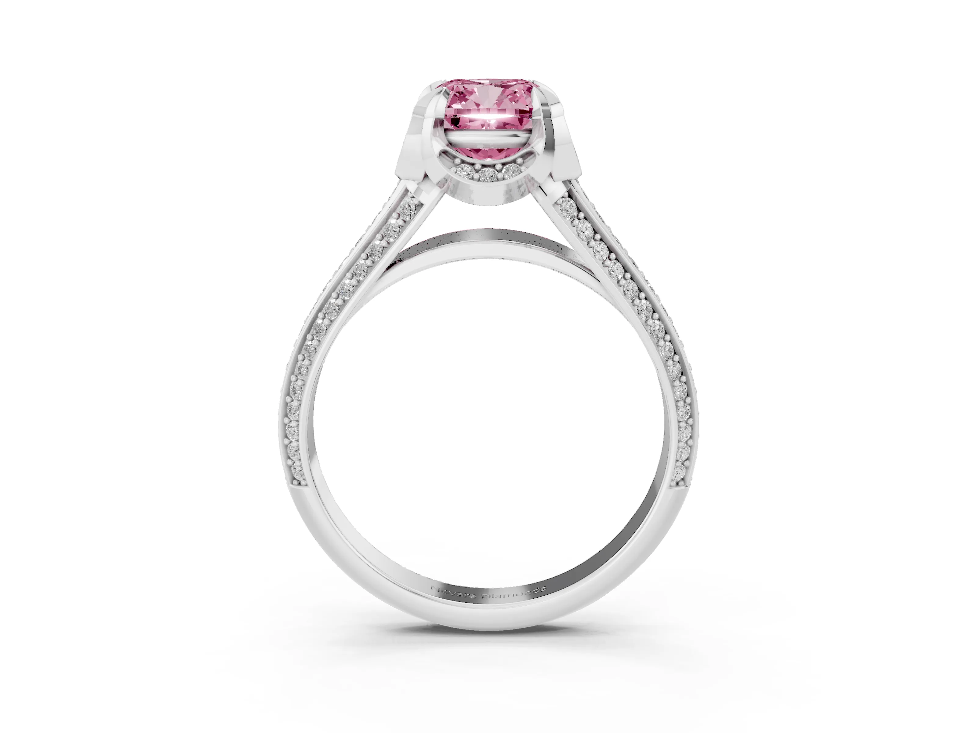 Fancy Pink Cushion Cut Diamond Pavé Split Shank Solitaire Ring Set in Platinum with Prong Setting