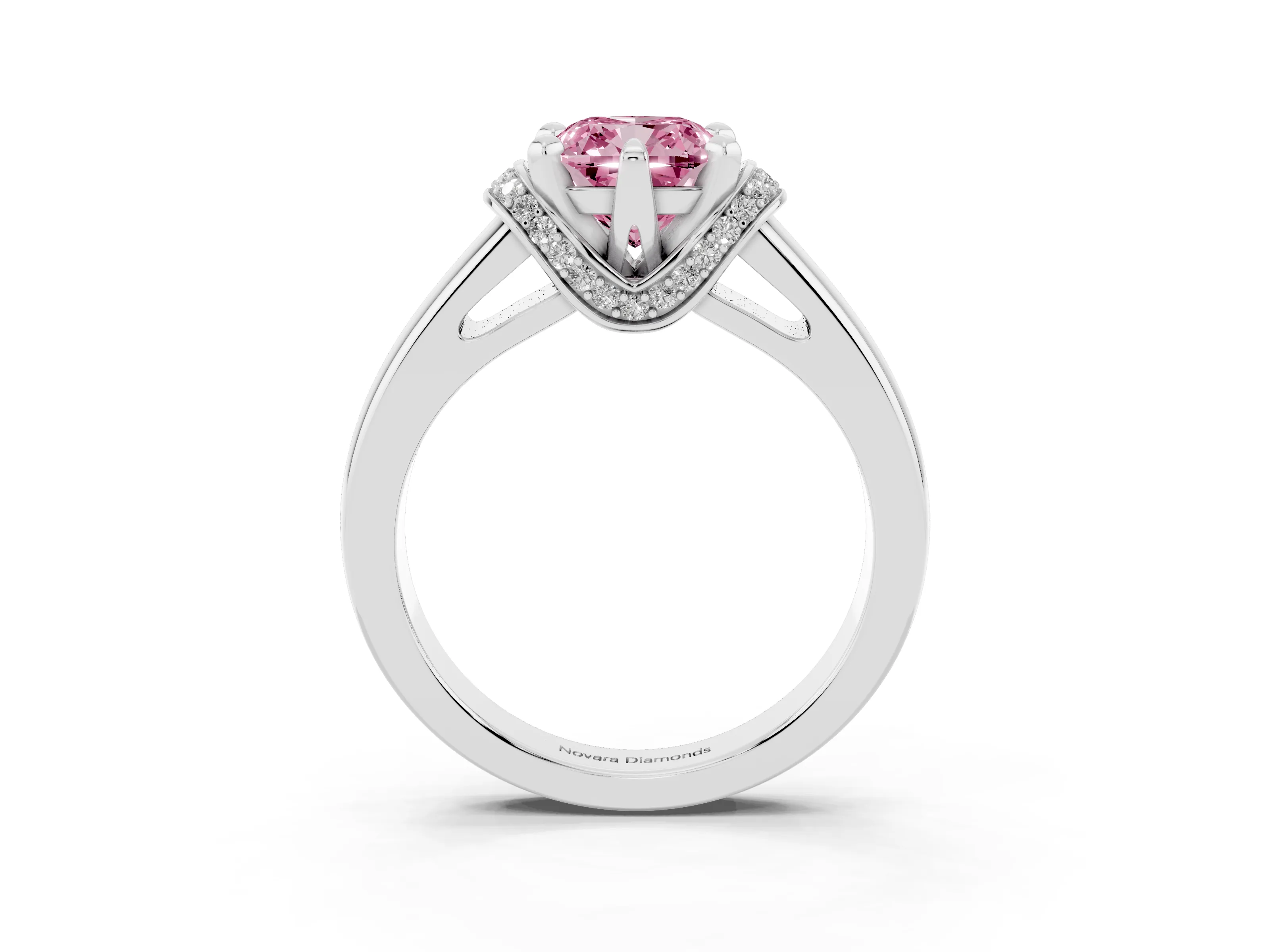 Fancy Pink Cushion Cut Diamond Pavé Band Solitaire Ring Set in Silver with Prong Setting