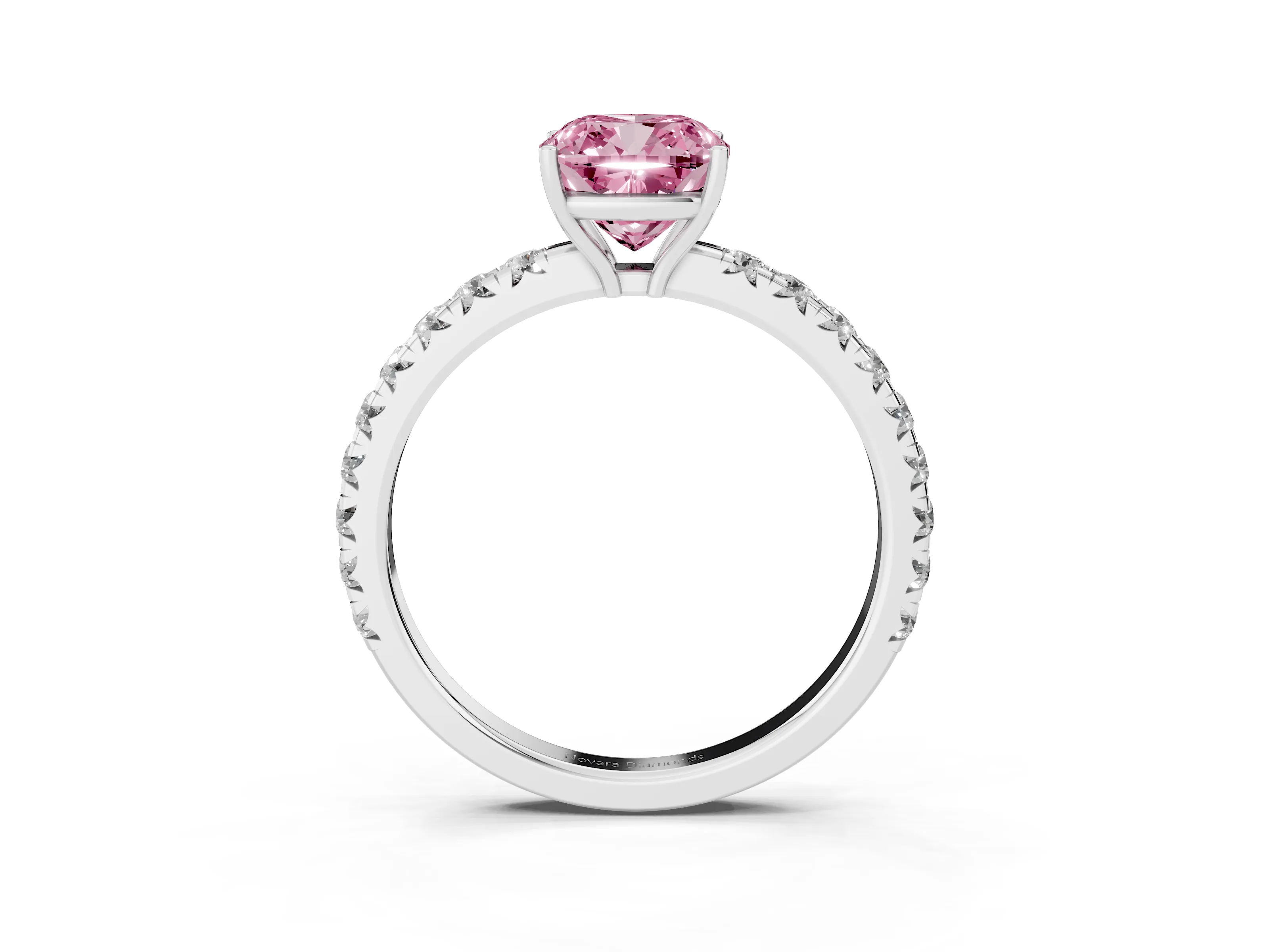 Fancy Pink Cushion Cut Diamond Pavé Solitaire Engagement Ring Set in White gold with Prong Setting