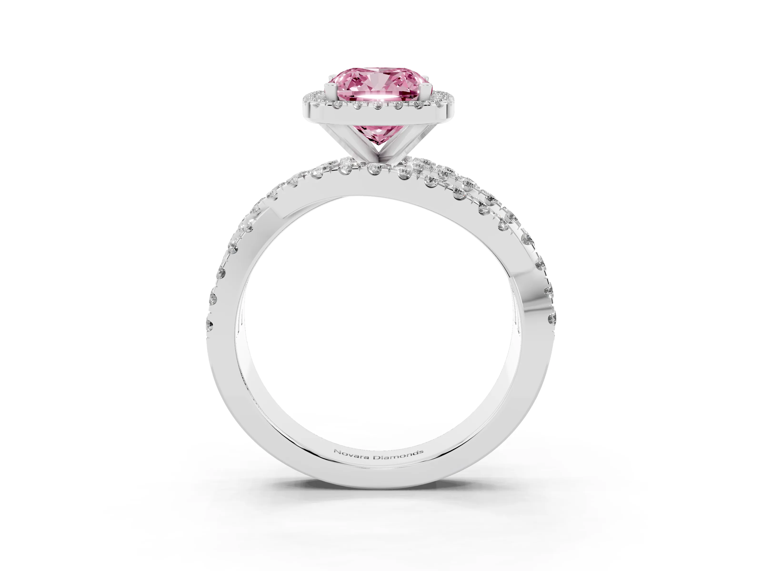 Fancy Pink Cushion Cut Diamond Halo Ring Set in Platinum with Round Crossover Split Shank and Prong Setting