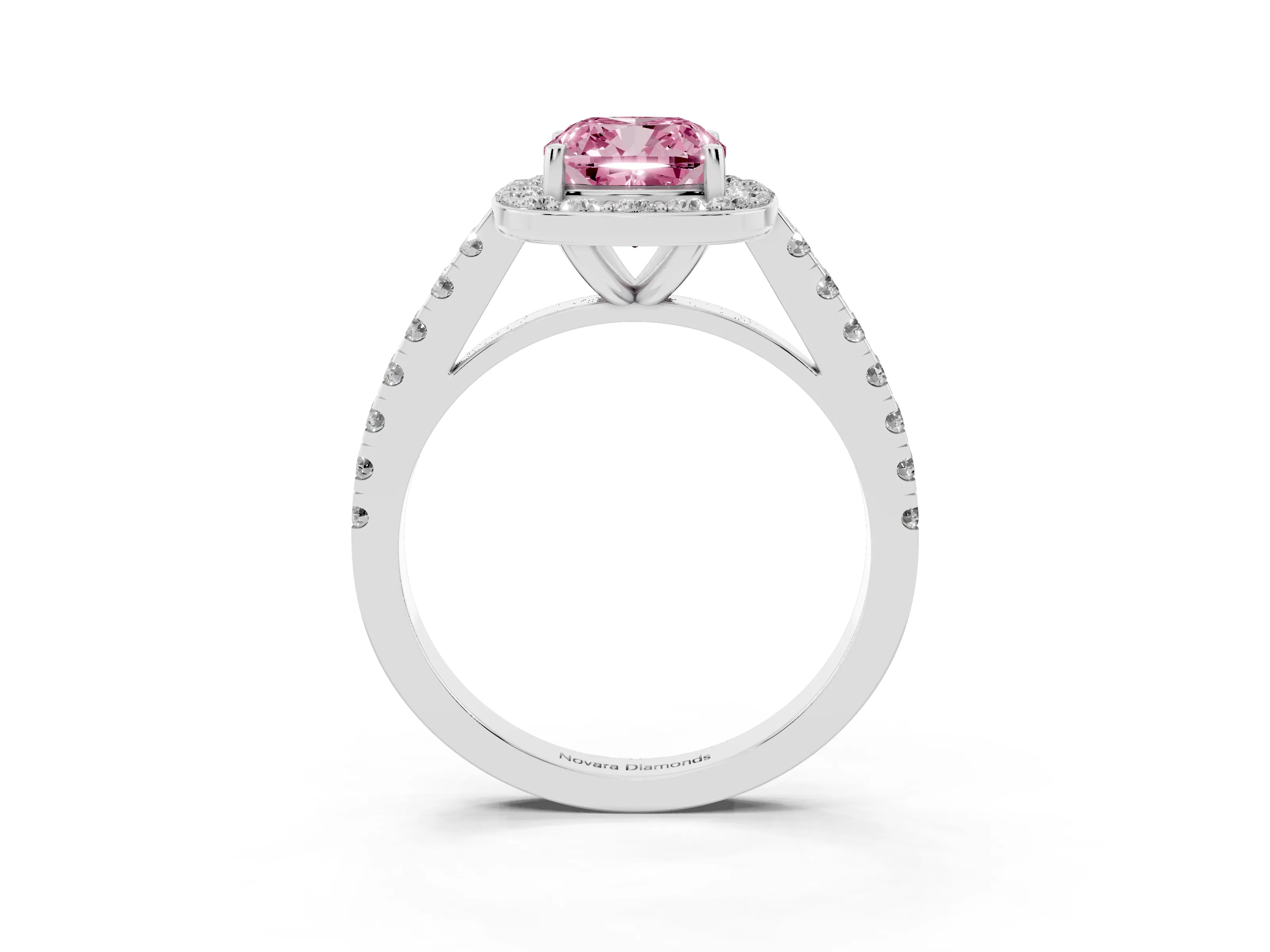 Fancy Pink Cushion Cut Diamond Halo Ring Set in Silver with Round Pavé Split Shank and Prong Setting