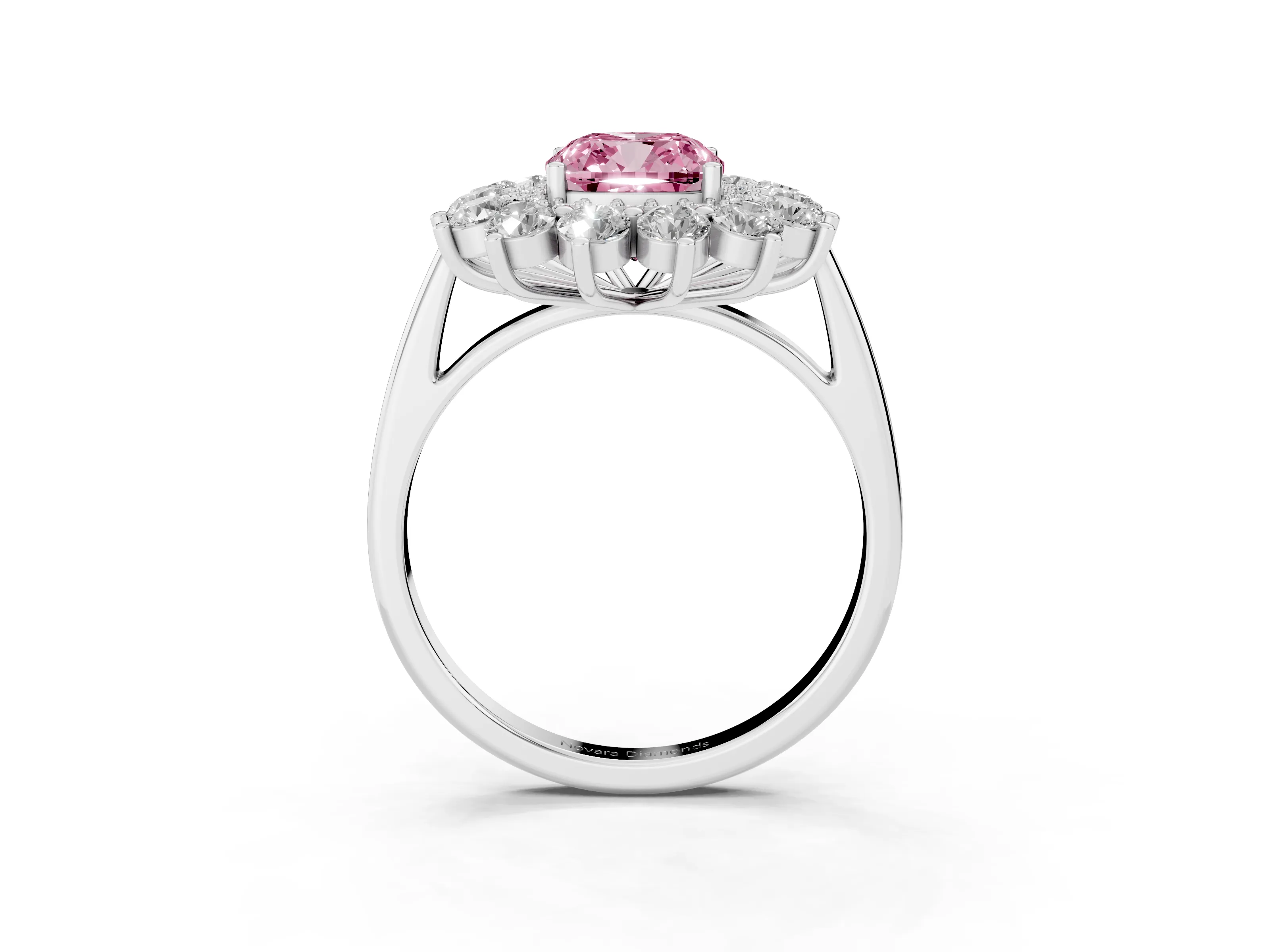 Fancy Pink Cushion Cut Diamond Floral Double Halo Ring Set in White gold with Round Petals