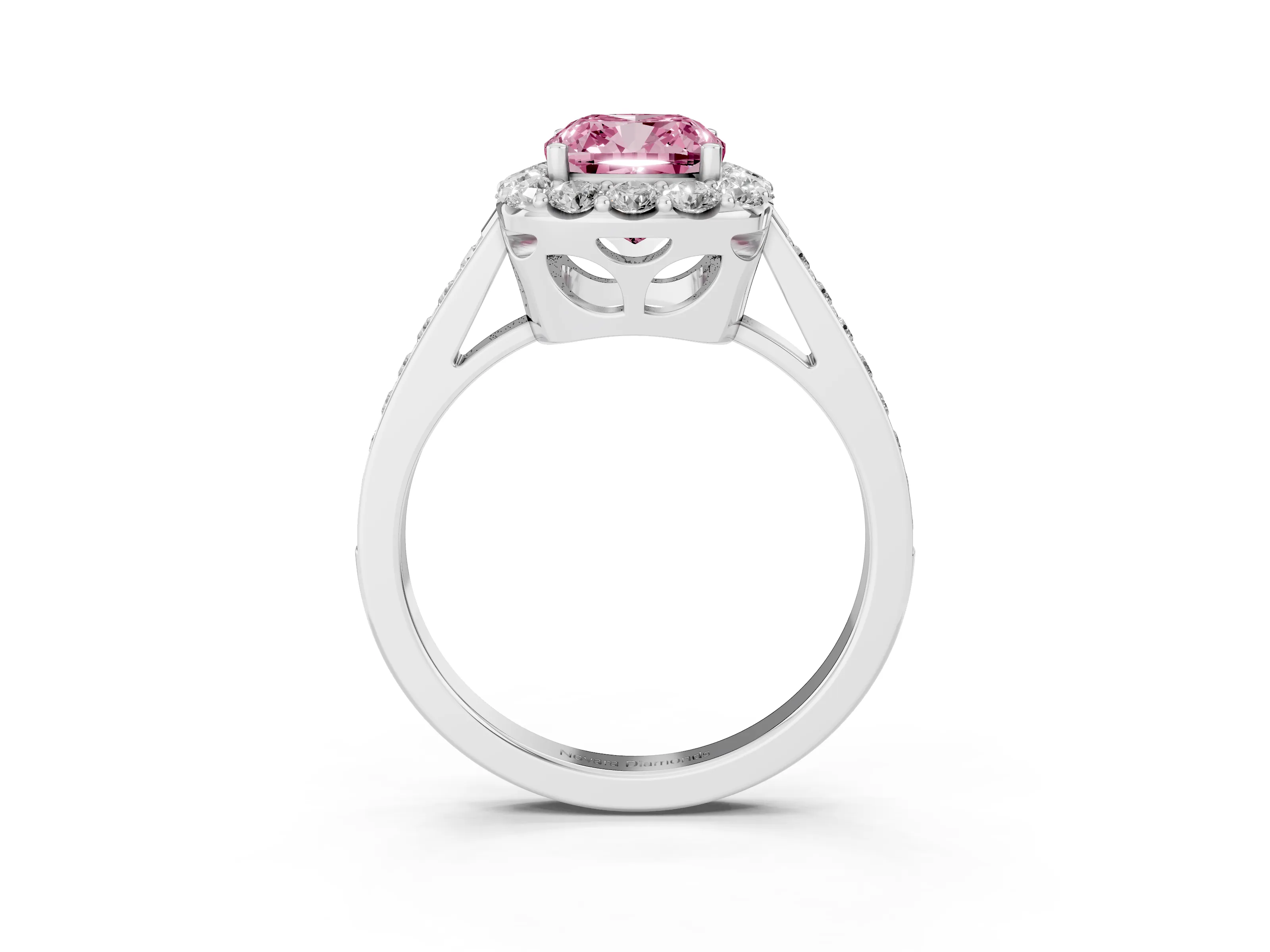 Fancy Pink Cushion Cut Diamond Floral Halo Ring Set in White gold with Pavé Band and Prong Setting
