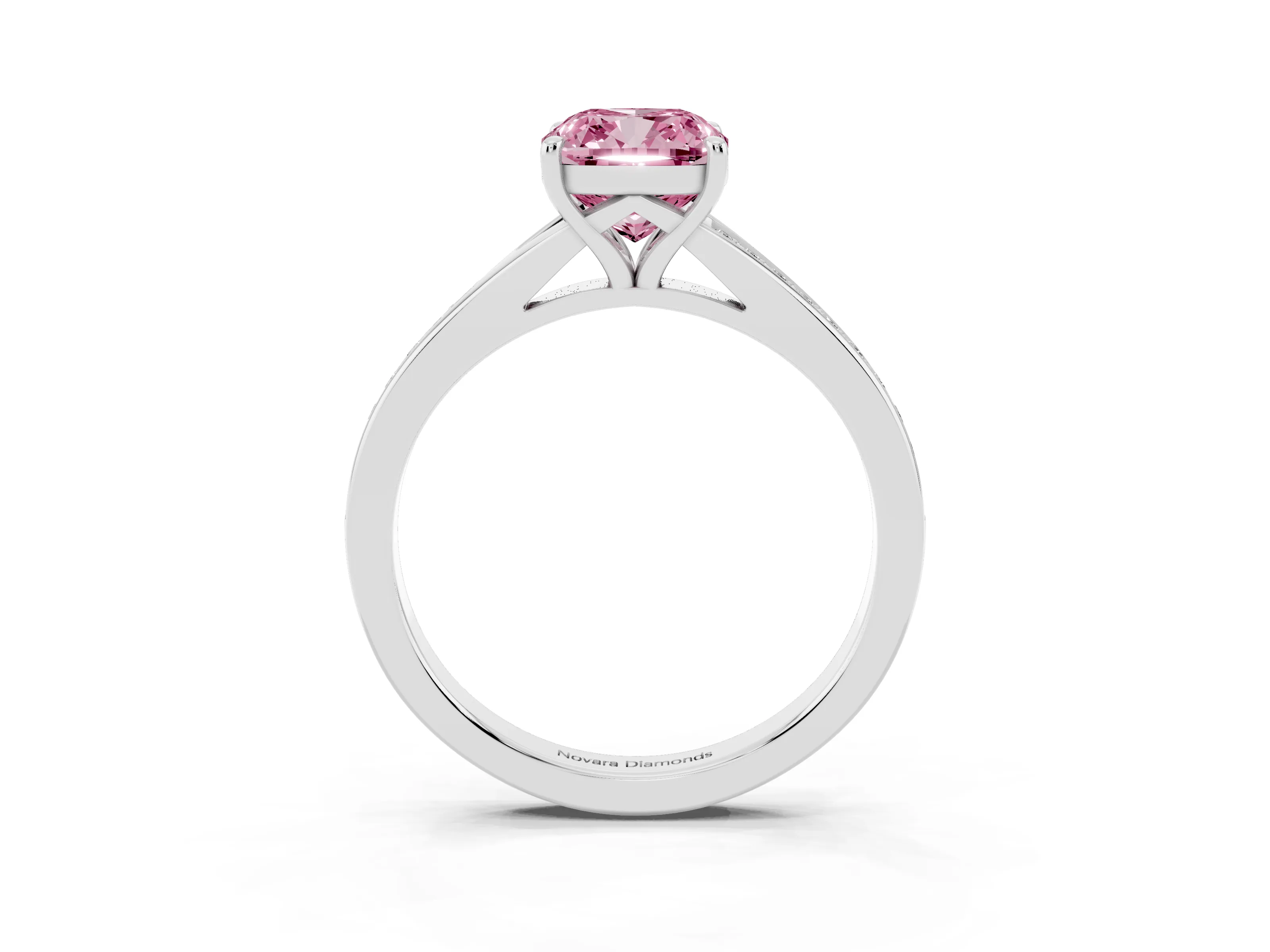 Fancy Pink Cushion Cut Diamond Solitaire Ring Set in Platinum with Pavé Accent Band and Classic Prong Setting