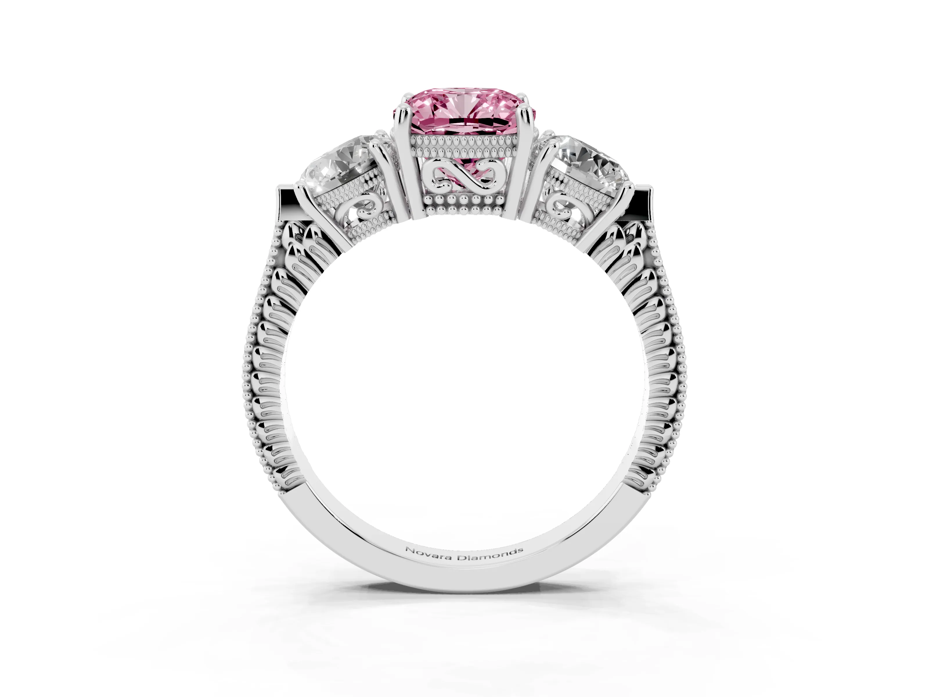 Fancy Pink Cushion Cut Diamond Three-Stone Ring Set in Silver with Milgrain Band