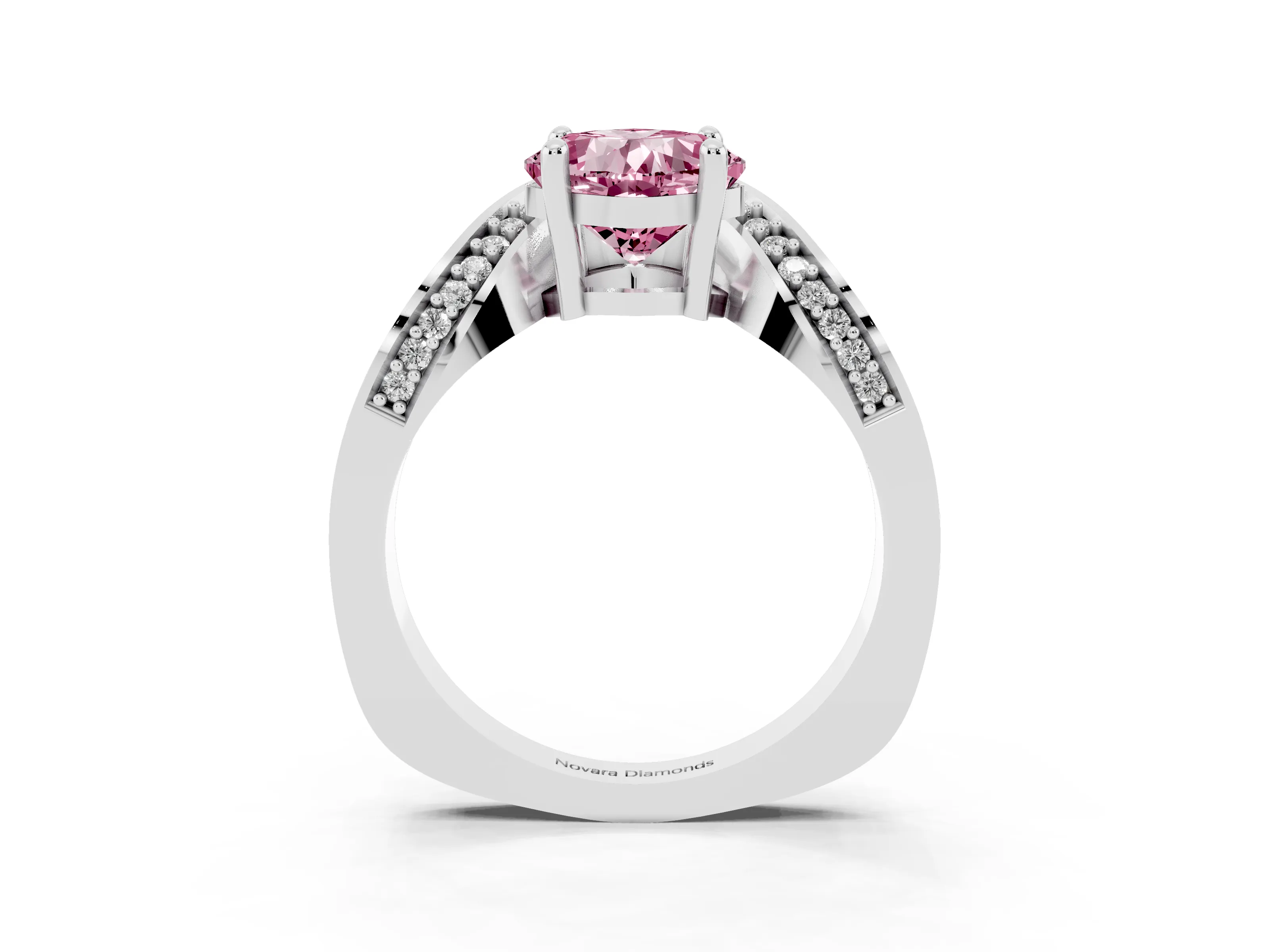 Fancy Pink Cushion Cut Diamond Solitaire Engagement Ring Set in White gold with Pavé Shoulders