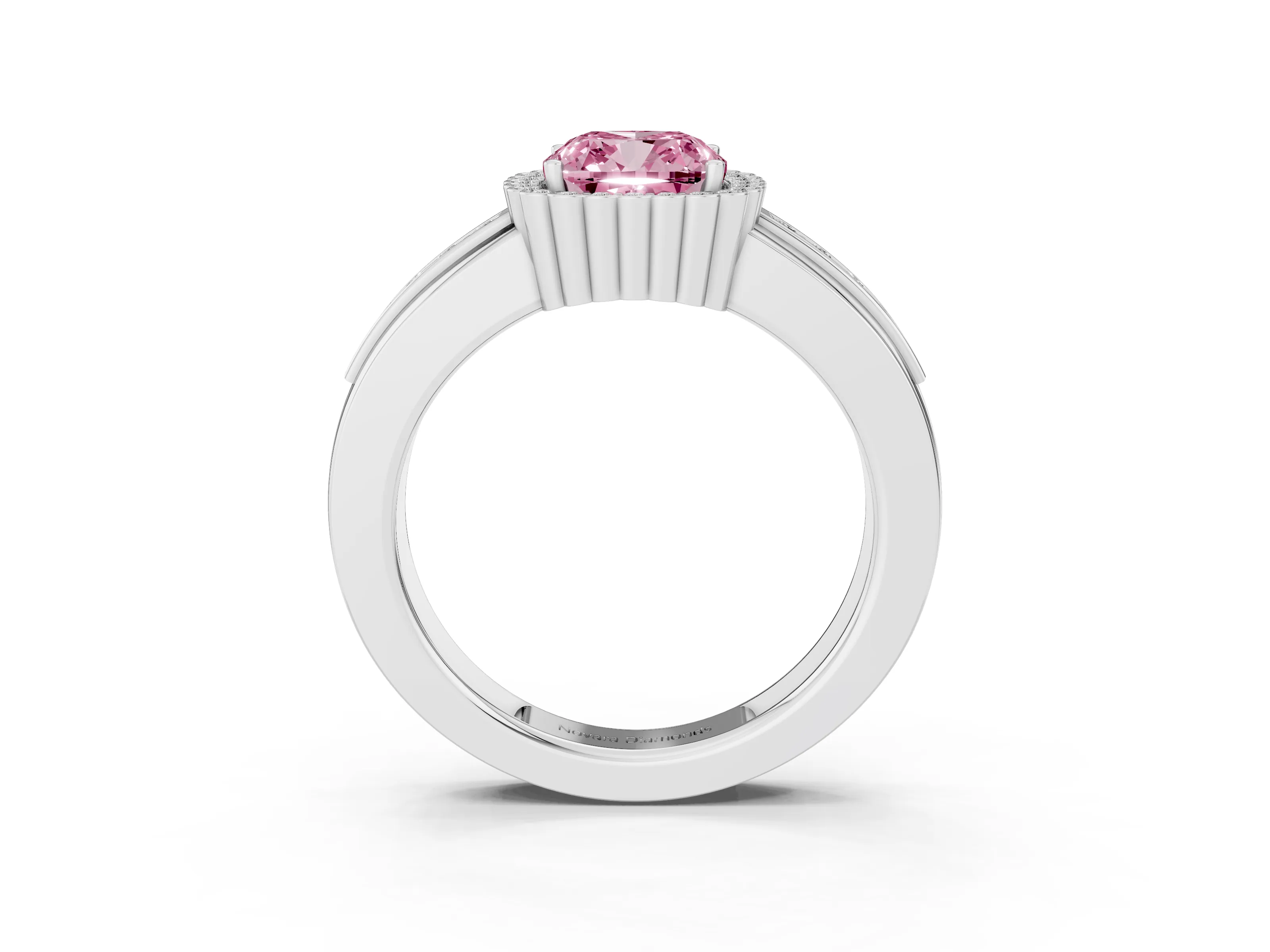 Fancy Pink Cushion Cut Diamond Halo Prong Ring Set in Platinum with Pavé Band