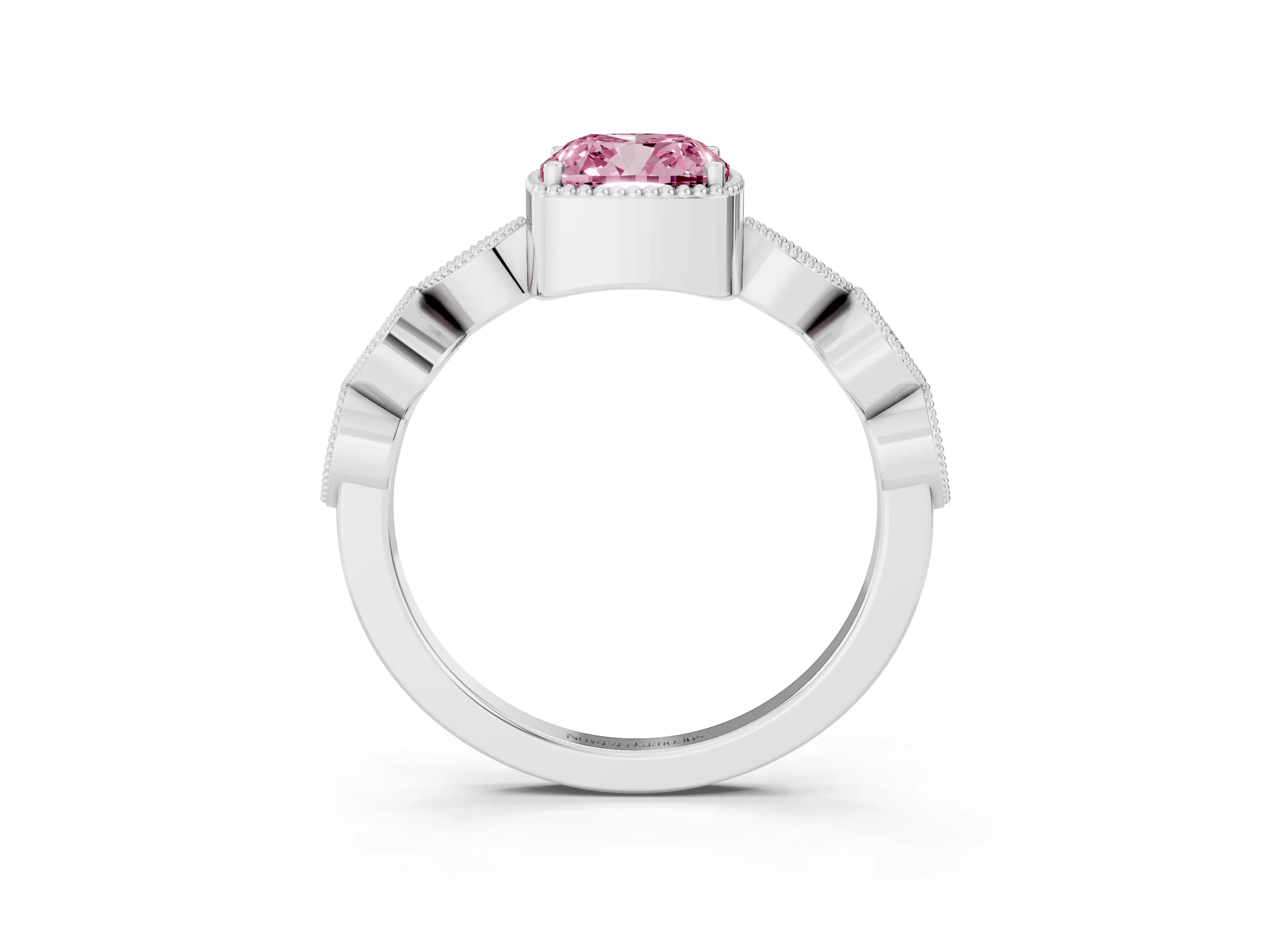 Fancy Pink Cushion Cut Diamond Vintage-Inspired Milgrain Ring Set in White gold with Marquise Stations of Round Accents
