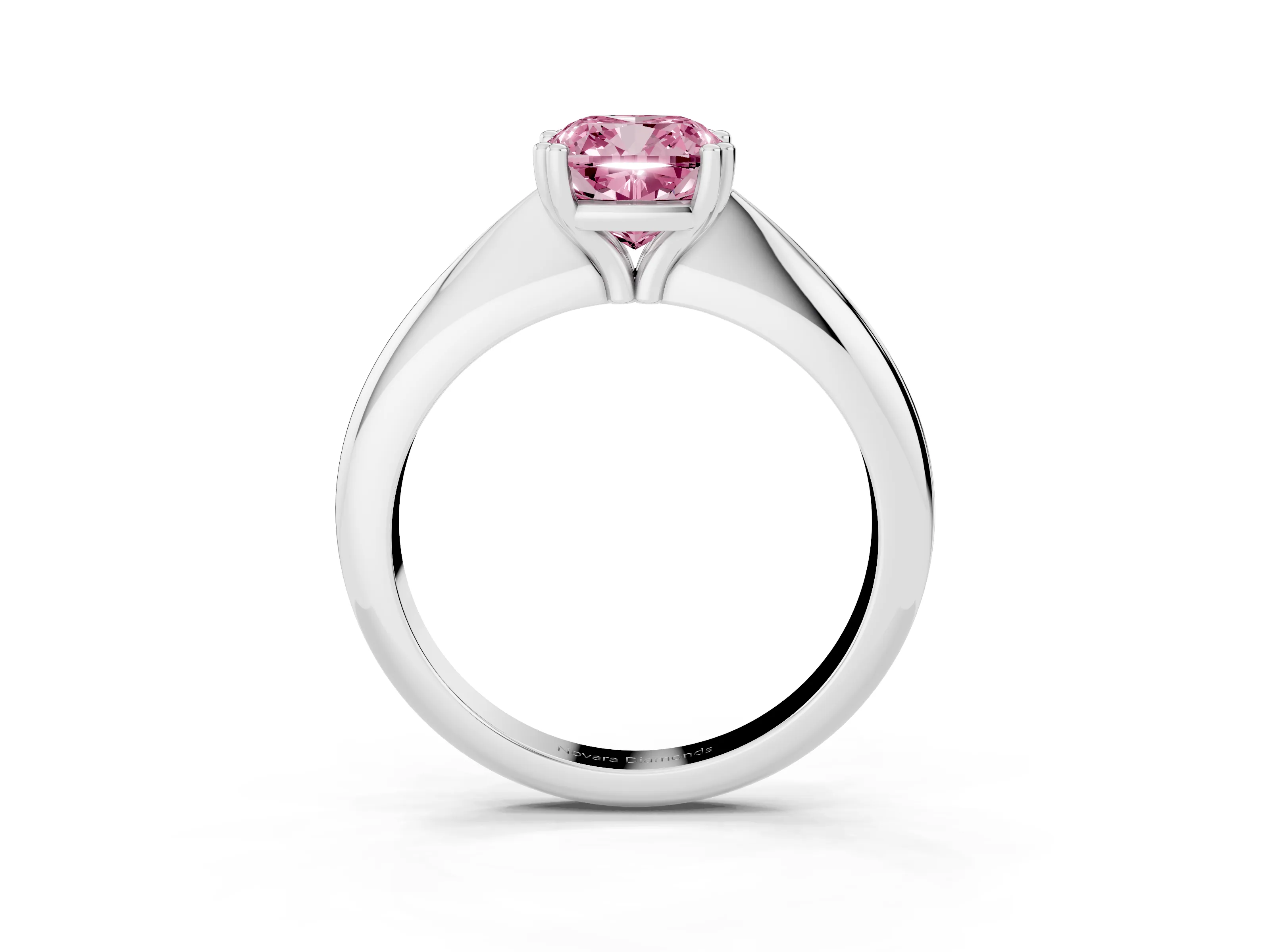 Fancy Pink Cushion Cut Diamond Solitaire Engagement Ring Set in White gold with Tapered Band and Prong Setting