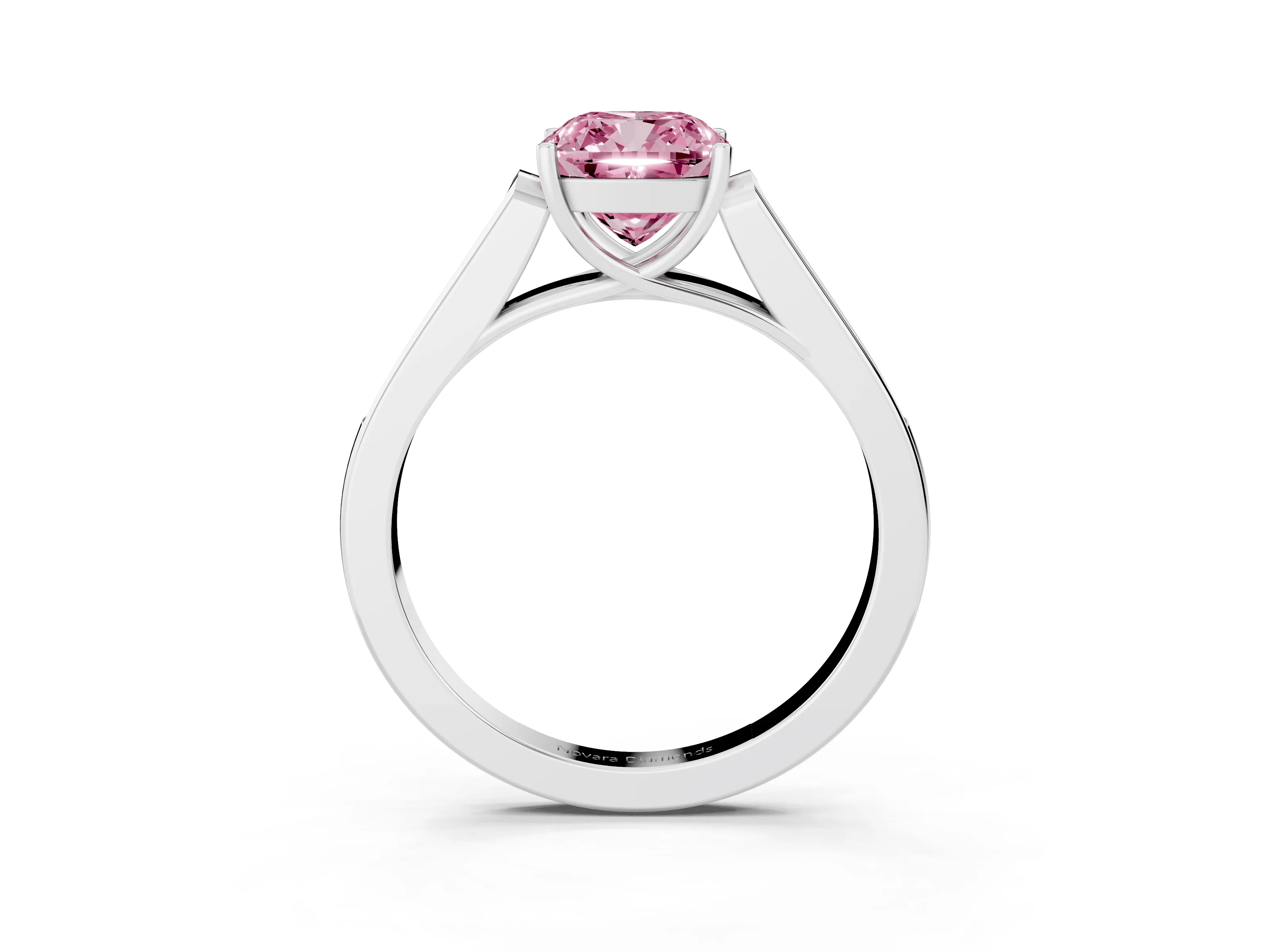 Fancy Pink Cushion Cut Diamond Solitaire Cathedral Engagement Ring Set in White gold with Channel-Set Band and Prong Setting