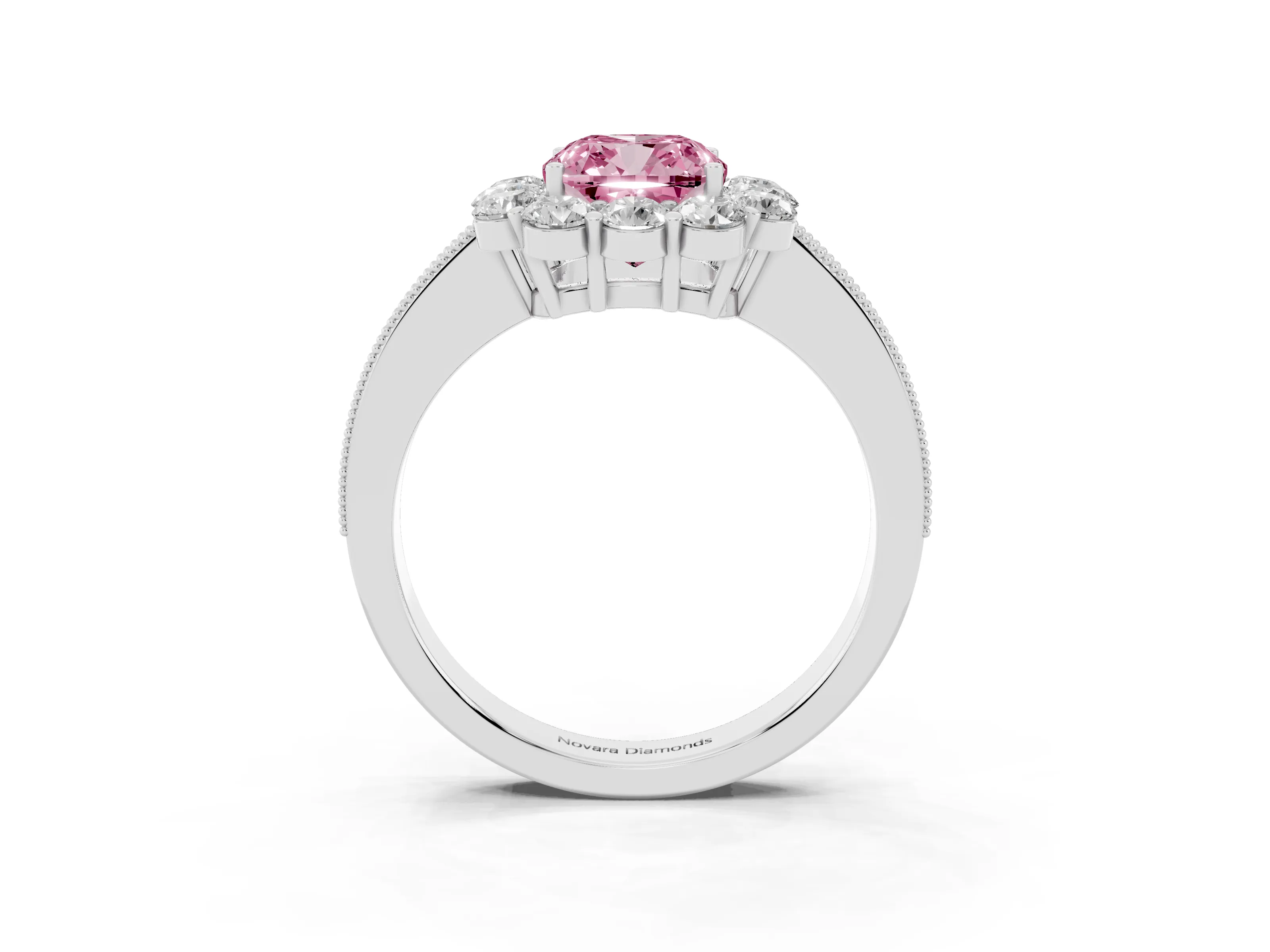 Fancy Pink Cushion Cut Diamond Halo Pavé Engagement Ring Set in Silver with Milgrain Detailing