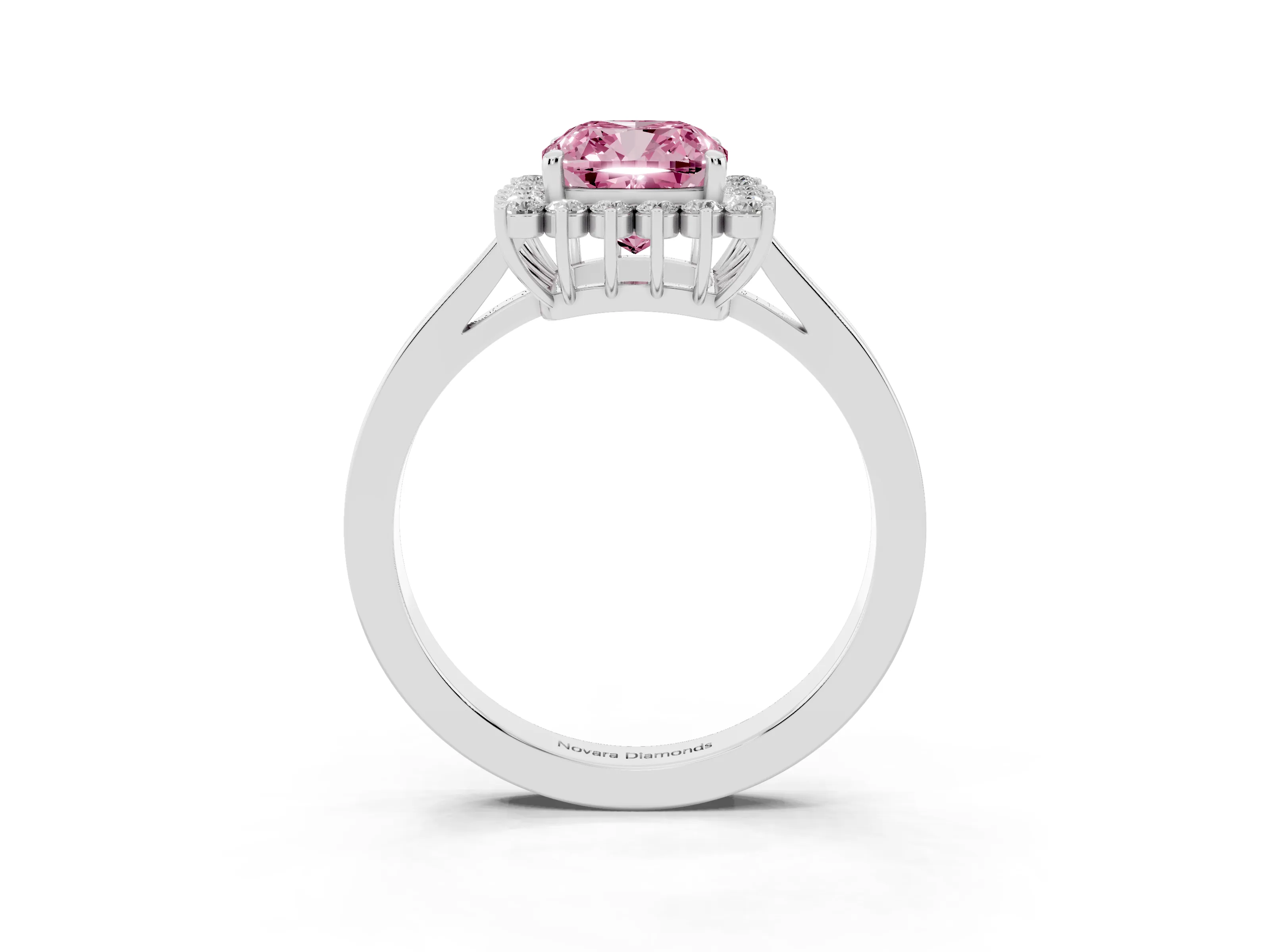 Fancy Pink Cushion Cut Diamond Halo Ring Set in White gold with Round Halo and Smooth Solitaire Band