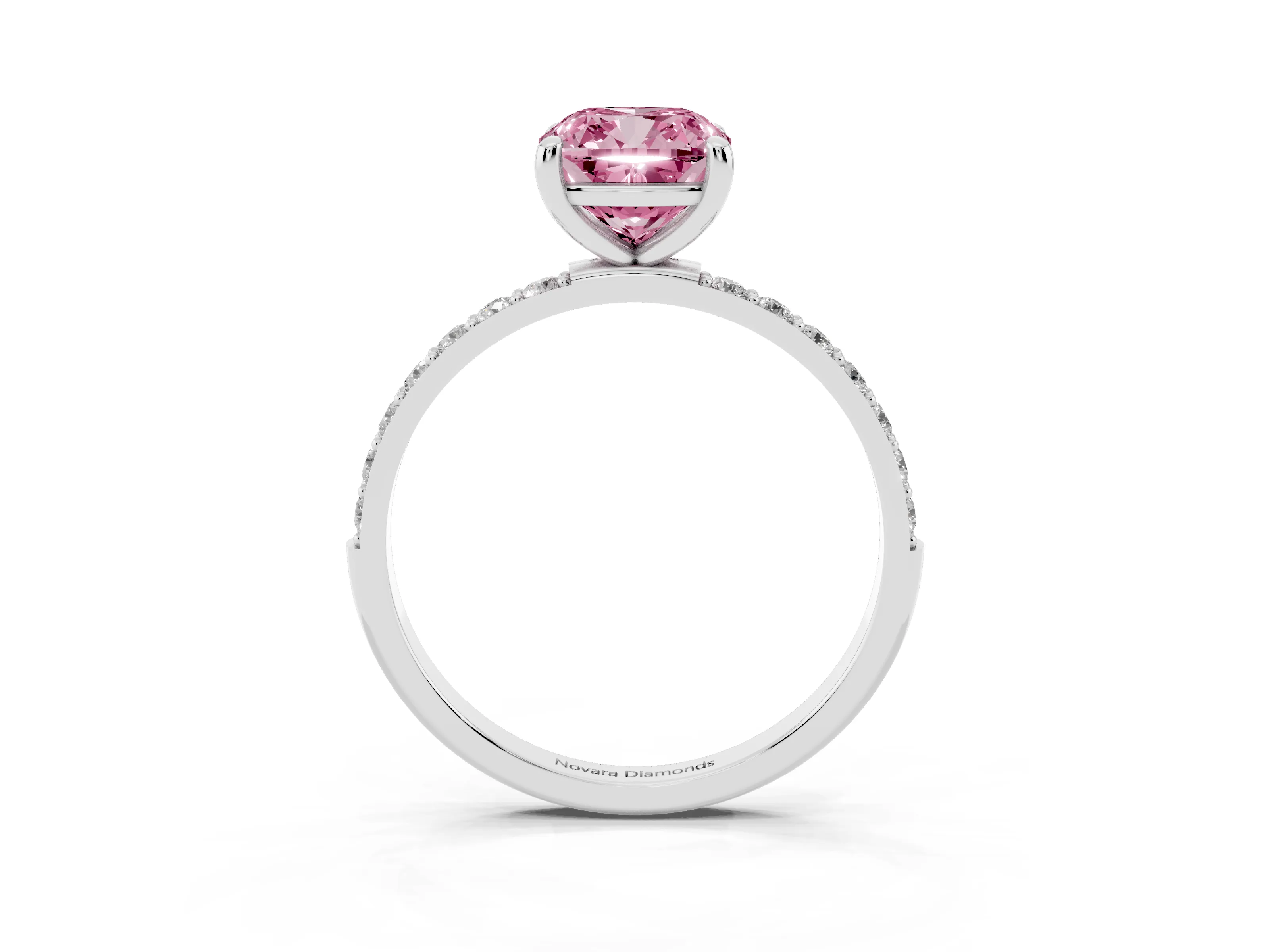 Fancy Pink Cushion Cut Diamond Solitaire Ring Set in Platinum with Round Pavé Band and Prong Setting