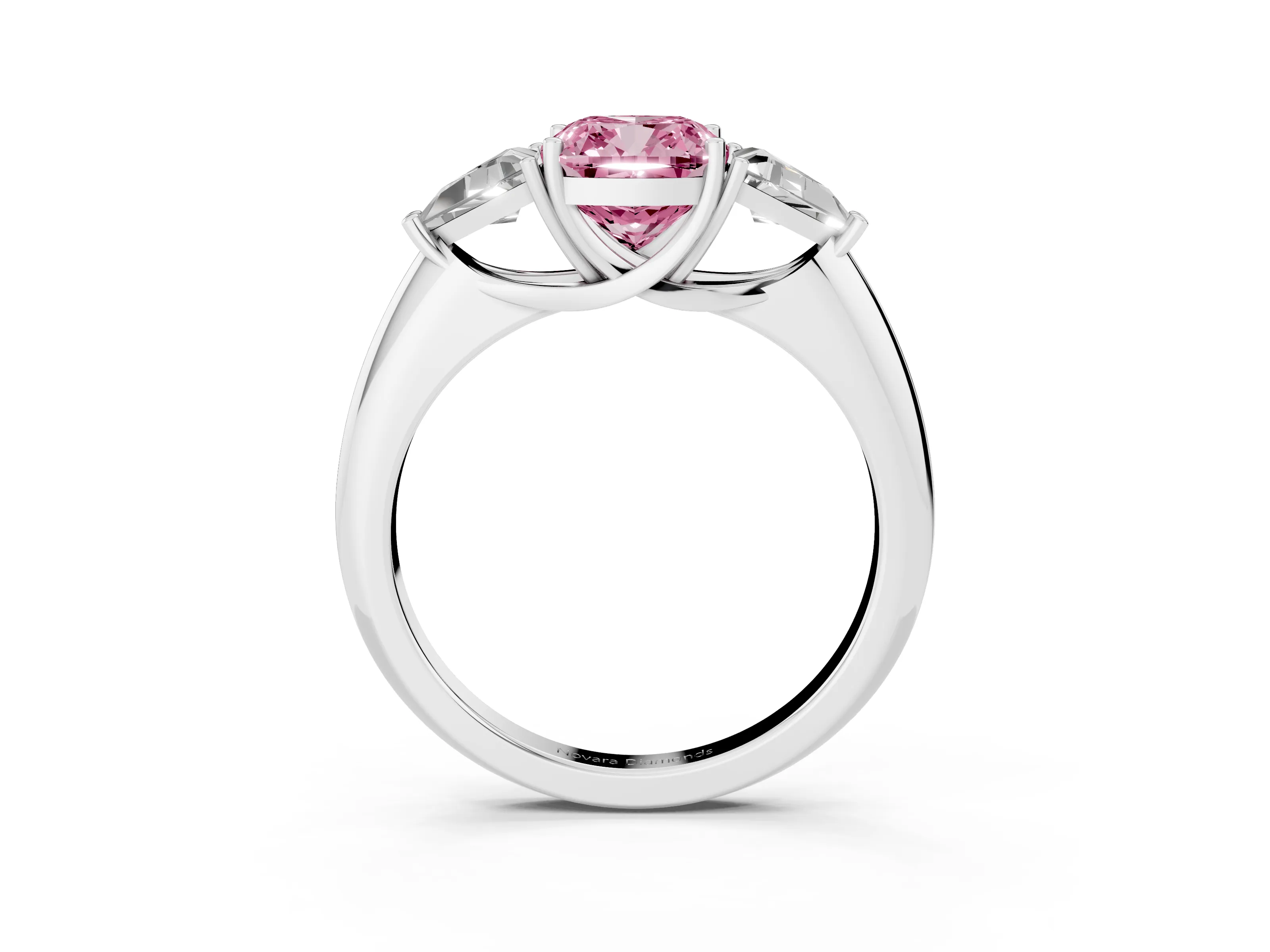 Fancy Pink Cushion Cut Diamond Three-Stone Engagement Ring Set in White gold with Trillion Side Stones