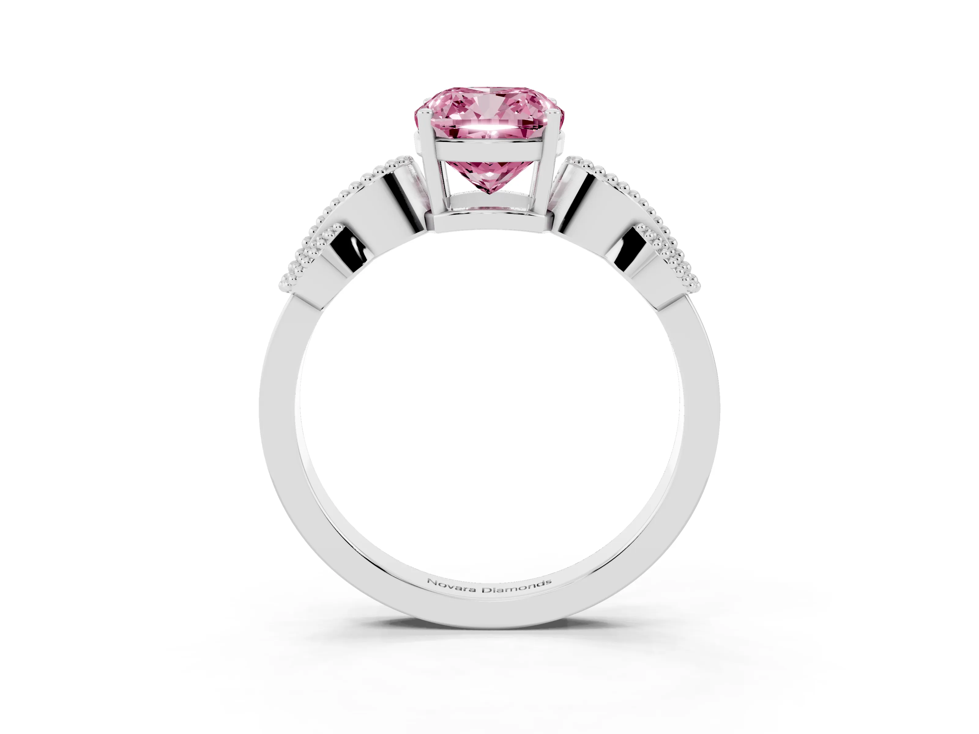 Fancy Pink Cushion Cut Diamond Milgrain Leaf Band Solitaire Ring Set in Platinum with Accent Stones and Prong Setting