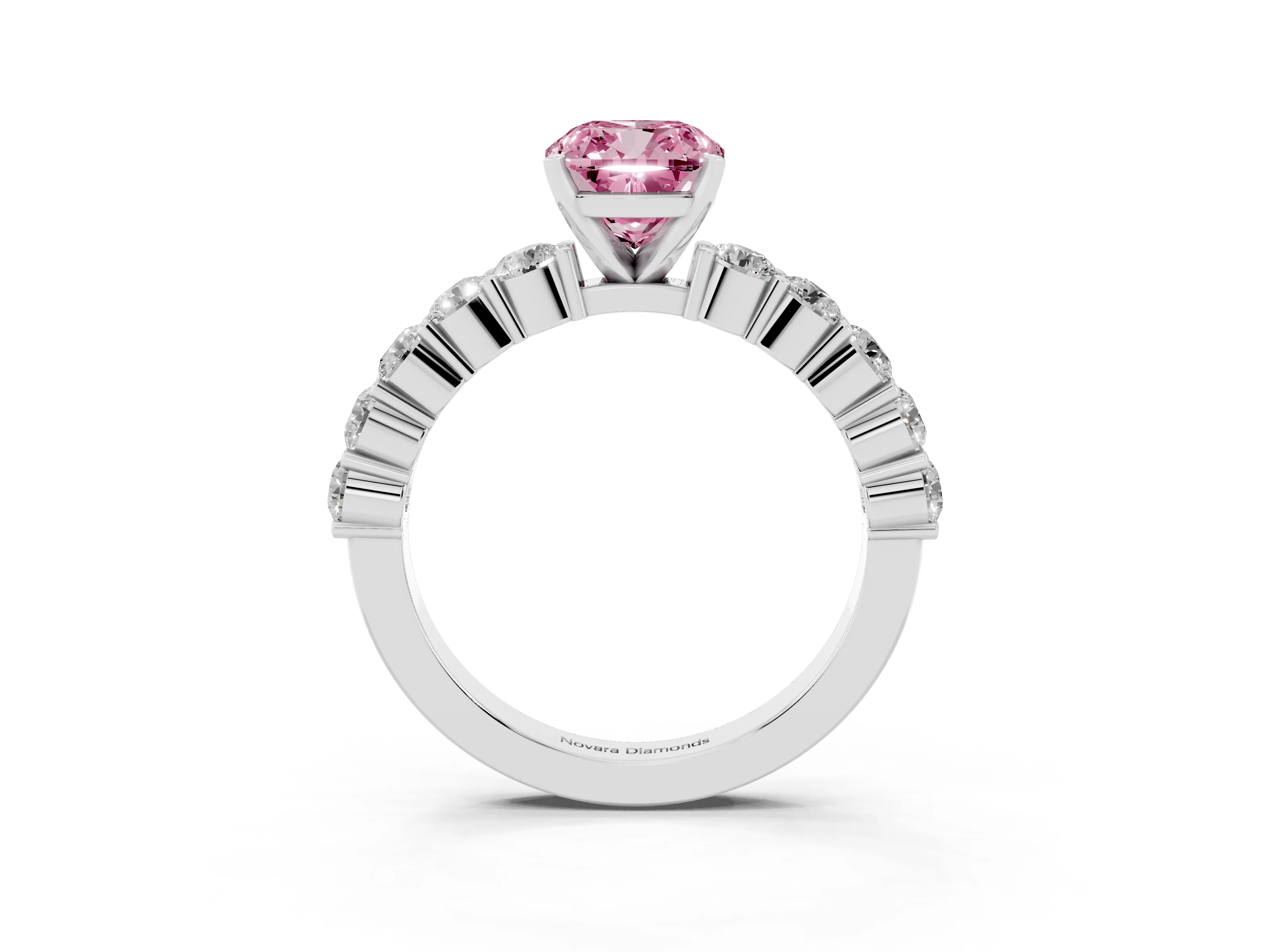 Fancy Pink Cushion Cut Diamond Solitaire Ring Set in Silver with Shared Prong Round Side Stones