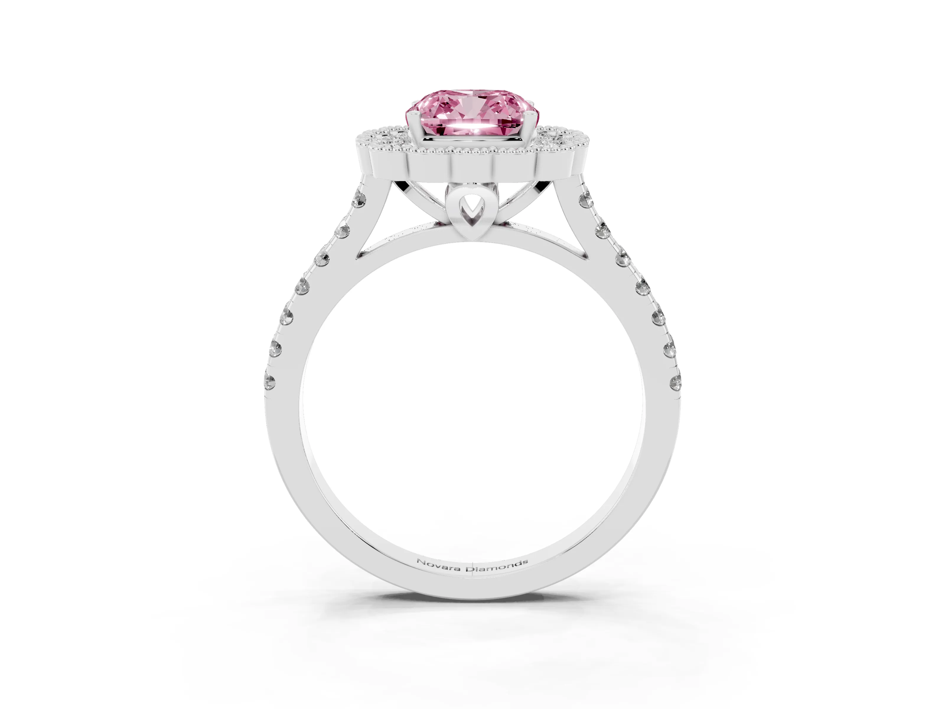 Fancy Pink Cushion Cut Diamond Milgrain Floral Halo Engagement Ring Set in White gold with Pavé Band