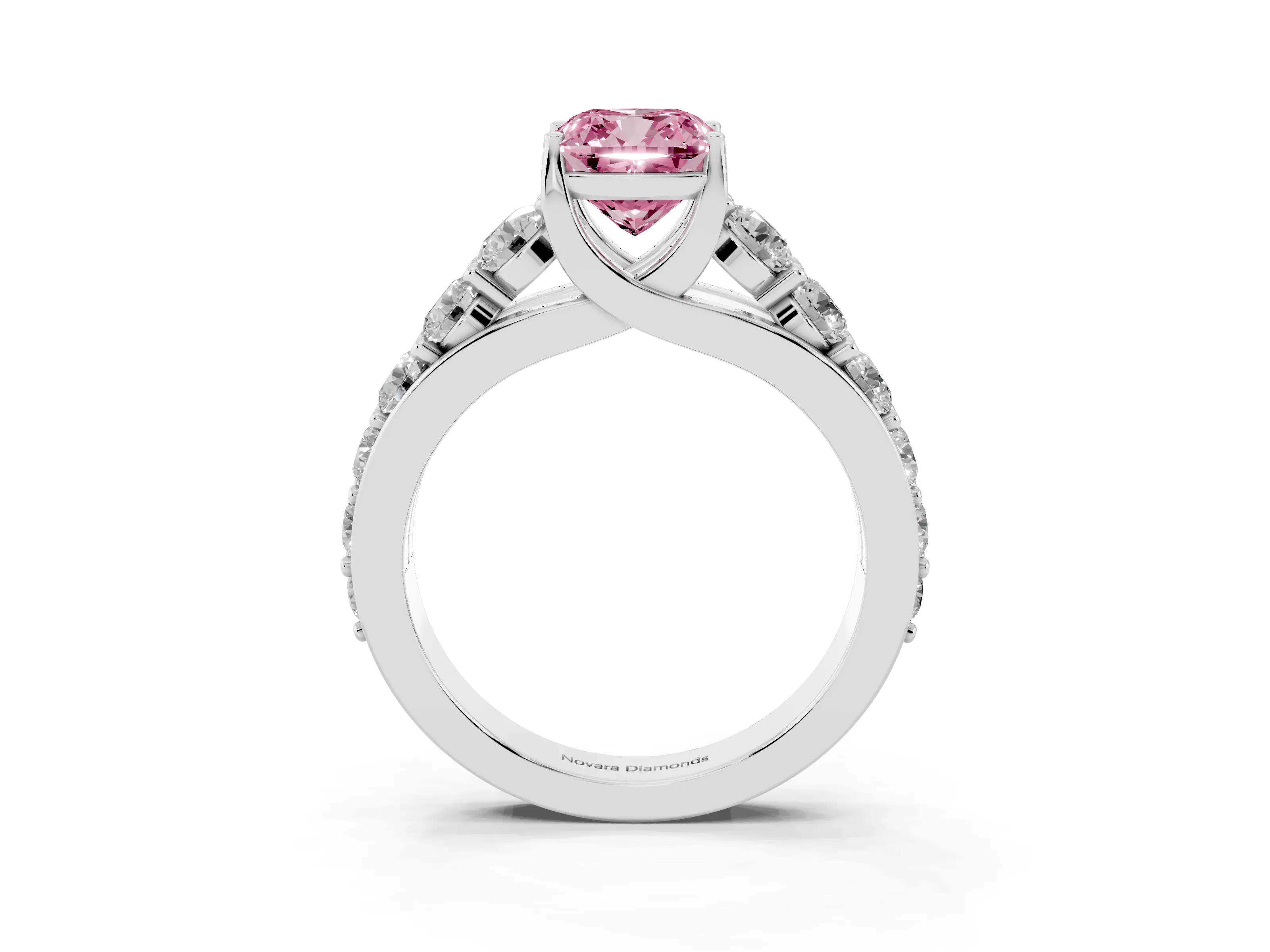 Fancy Pink Cushion Cut Diamond Pavé Engagement Ring Set in Silver with Prong Setting