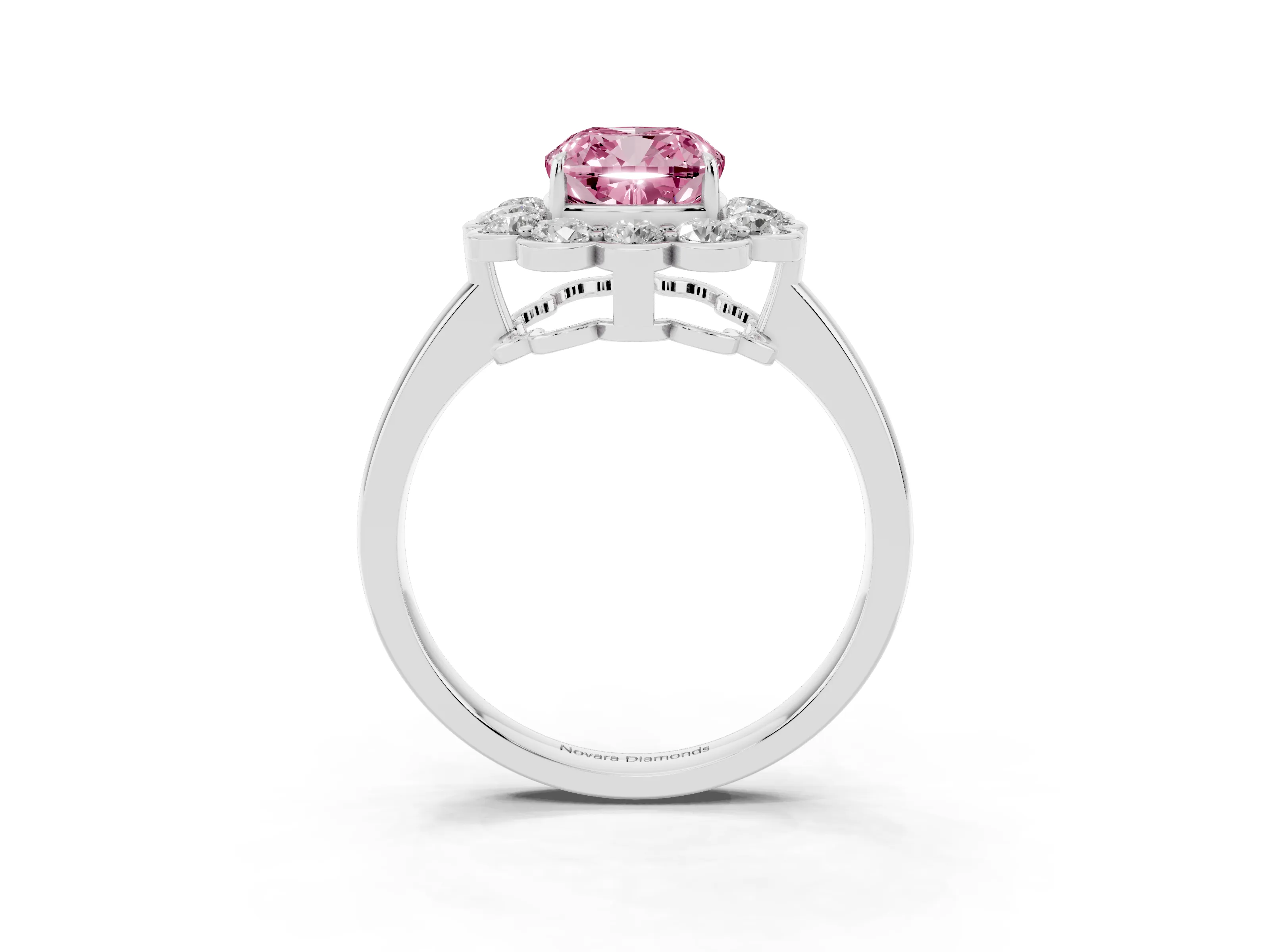 Fancy Pink Cushion Cut Diamond Halo Cluster Engagement Ring Set in Platinum with Solitaire Band and Prong Setting
