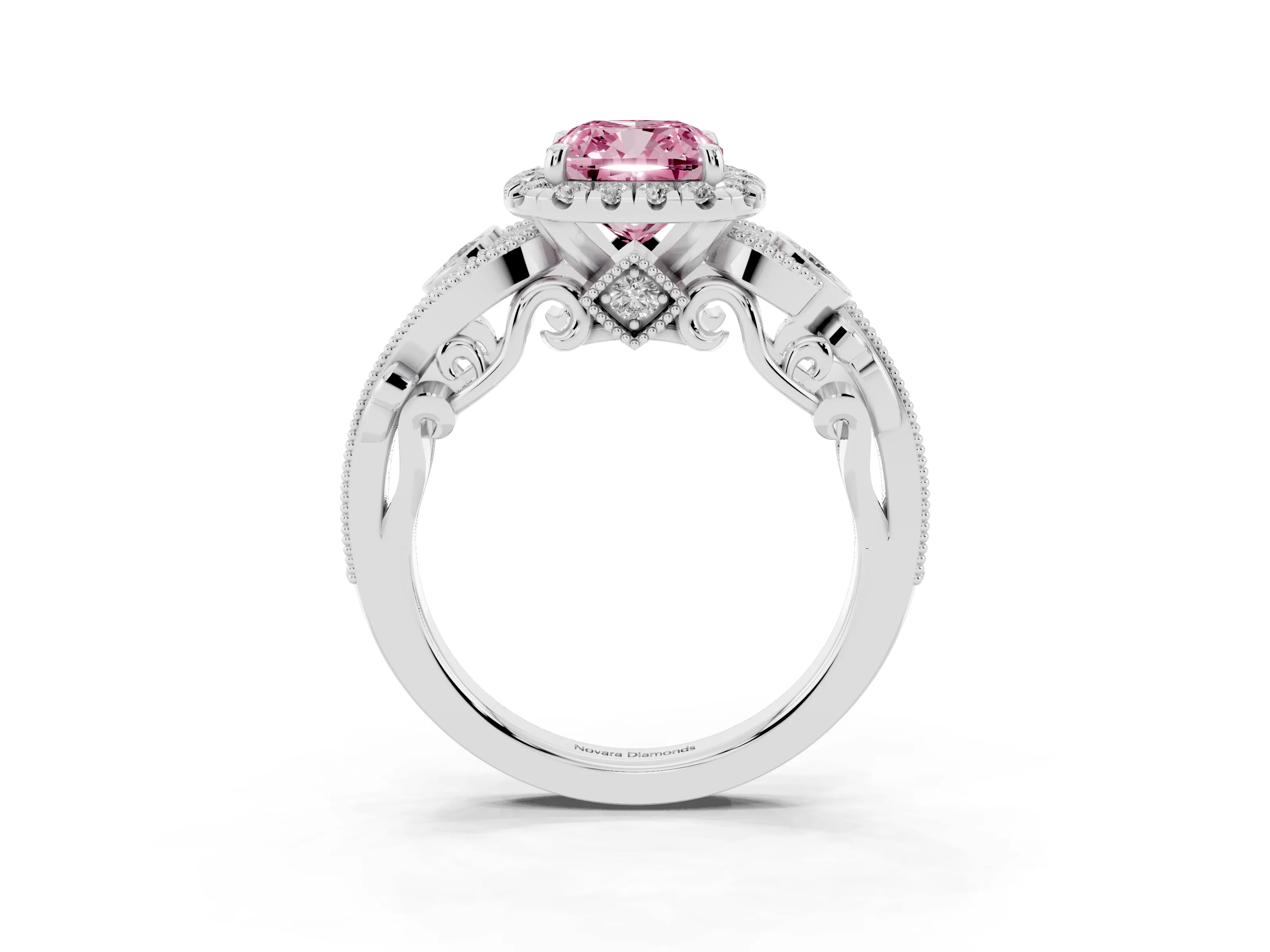 Fancy Pink Cushion Cut Diamond Halo Ring Set in Platinum with Milgrain Pavé Band and Prong Setting