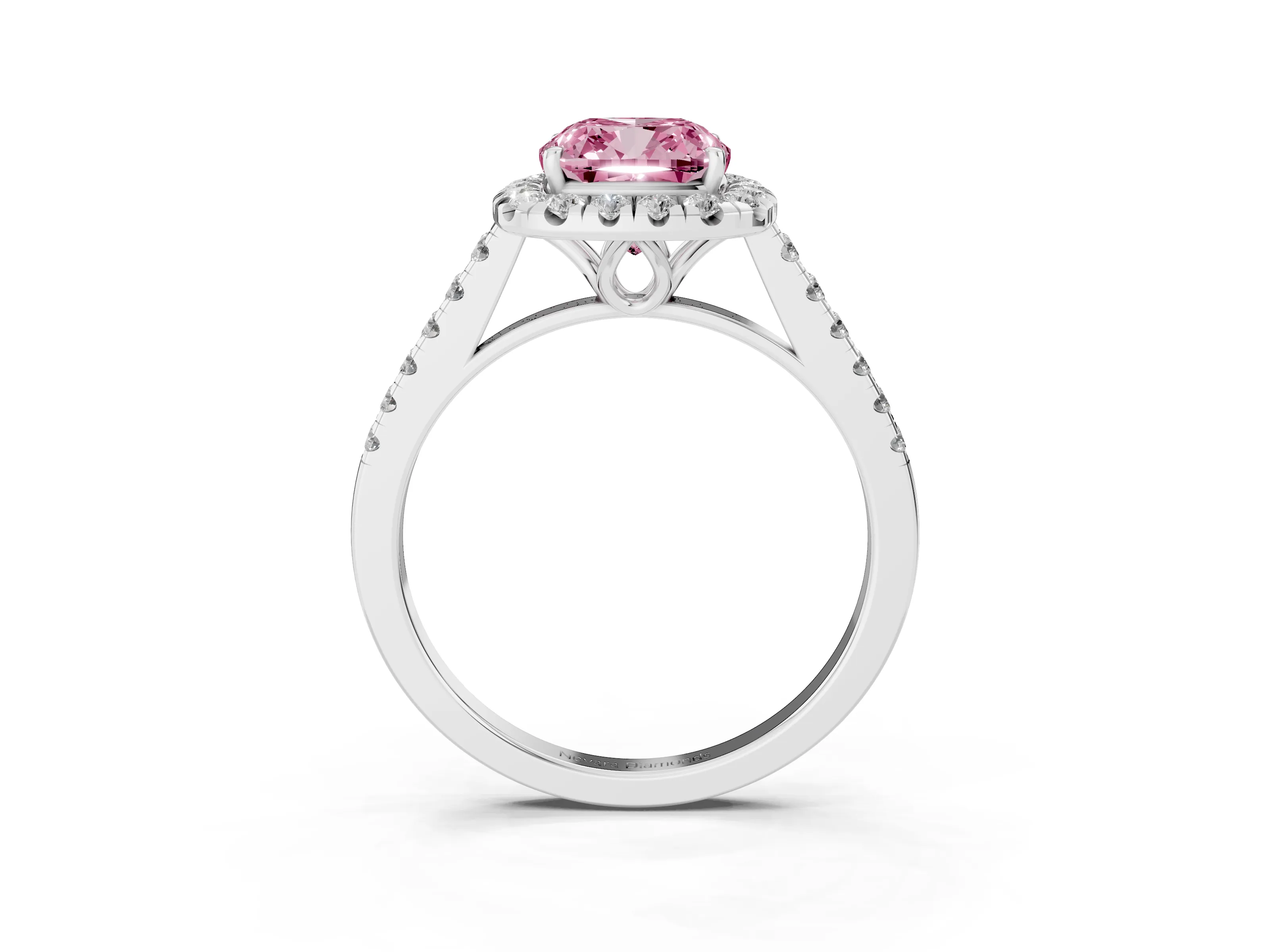 Fancy Pink Cushion Cut Diamond Pavé Halo Engagement Ring Set in Platinum with Pavé Band and Prong Setting