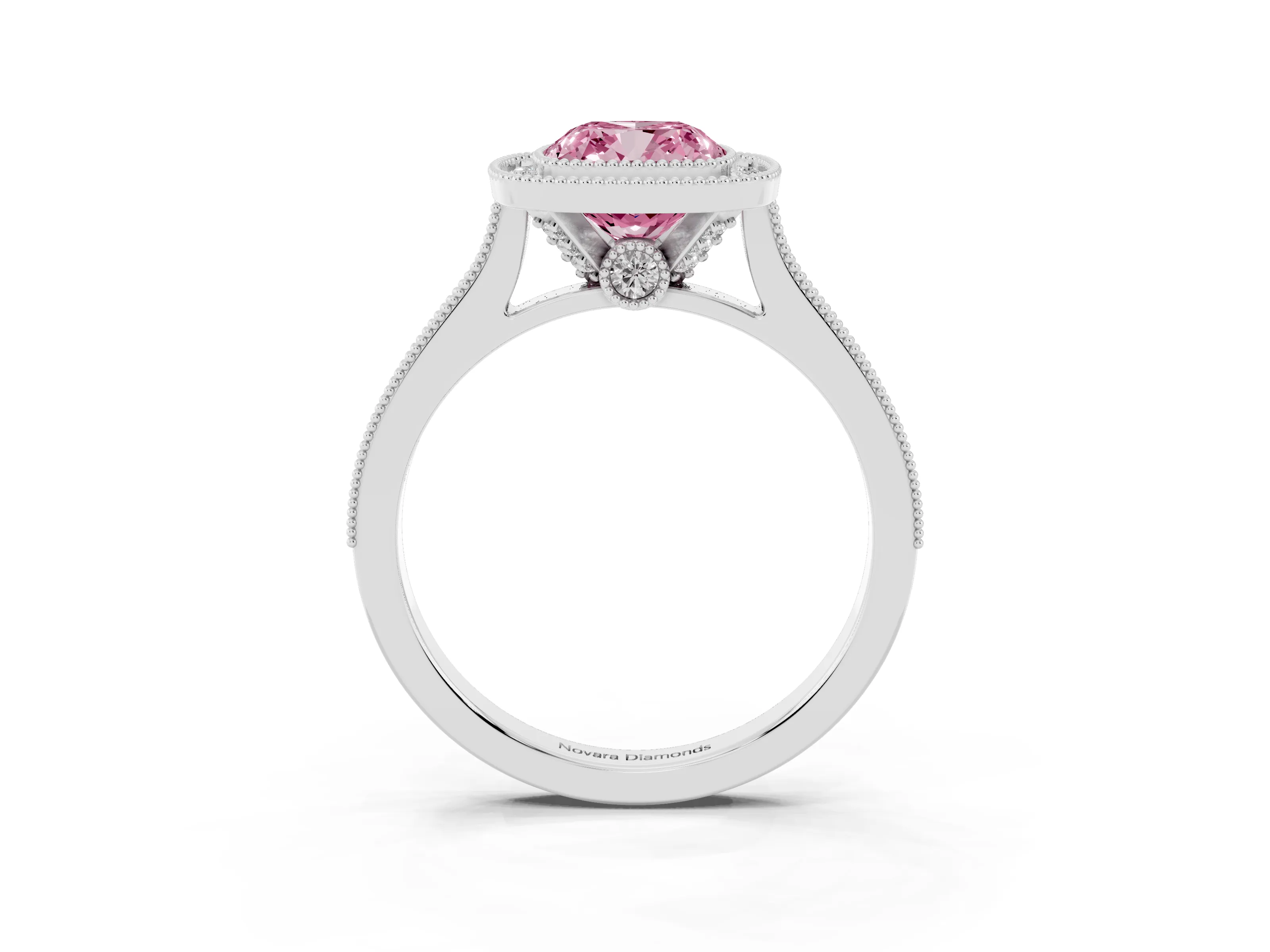 Fancy Pink Cushion Cut Diamond Halo Milgrain Pavé Band Ring Set in Silver with Prong Setting