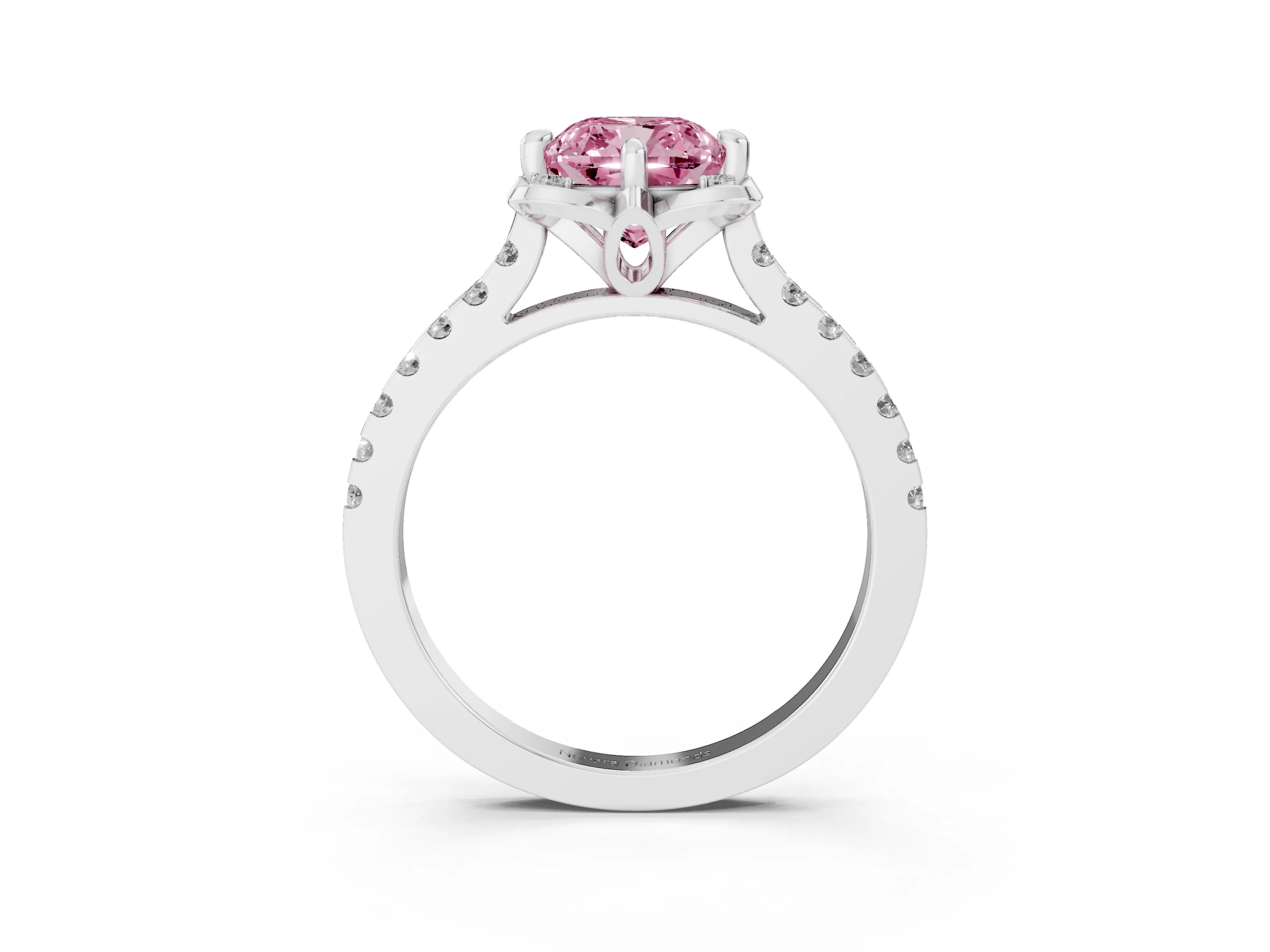Fancy Pink Cushion Cut Diamond Solitaire Ring Set in Platinum with Pavé Band and Floral Prong Setting