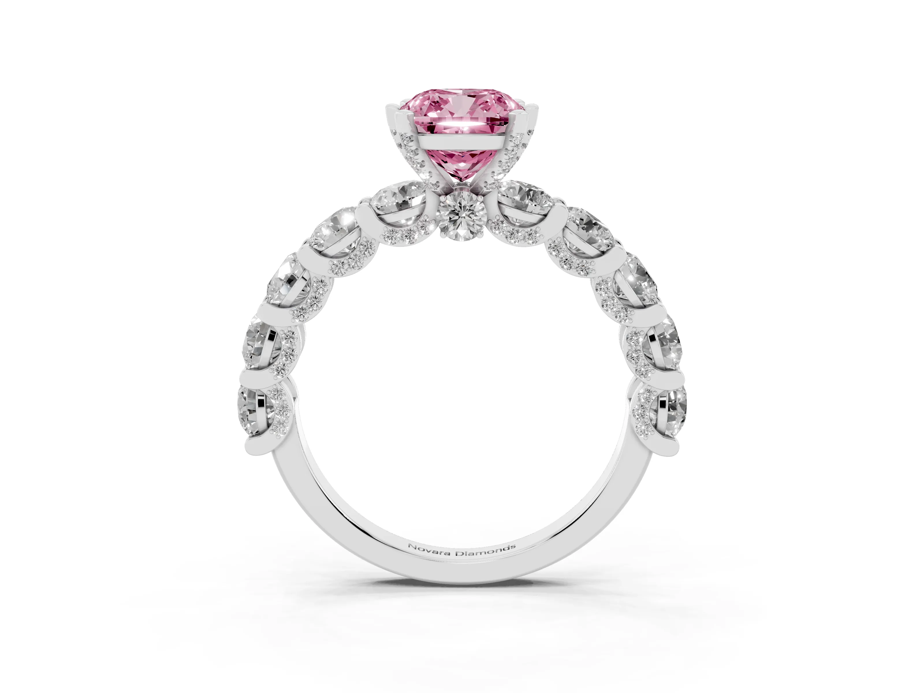 Fancy Pink Cushion Cut Diamond Side Stone Ring Set in Silver with Alternating Round and Oval Side Stones