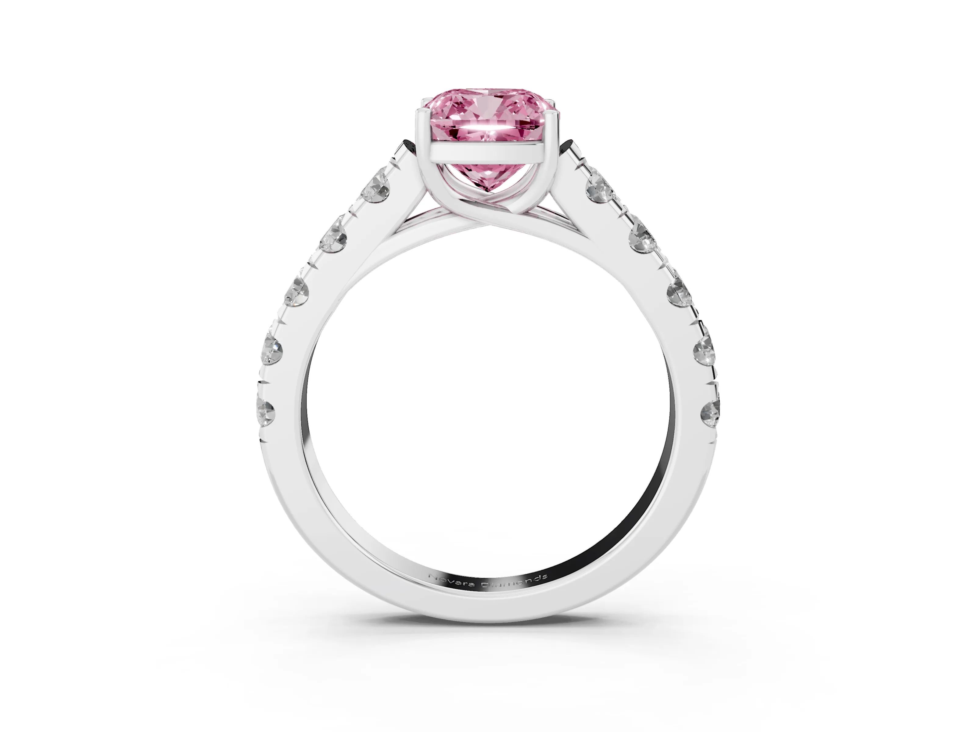 Fancy Pink Cushion Cut Diamond Solitaire Ring Set in Platinum with Cut-Down Micro Pavé Band and Prong Setting